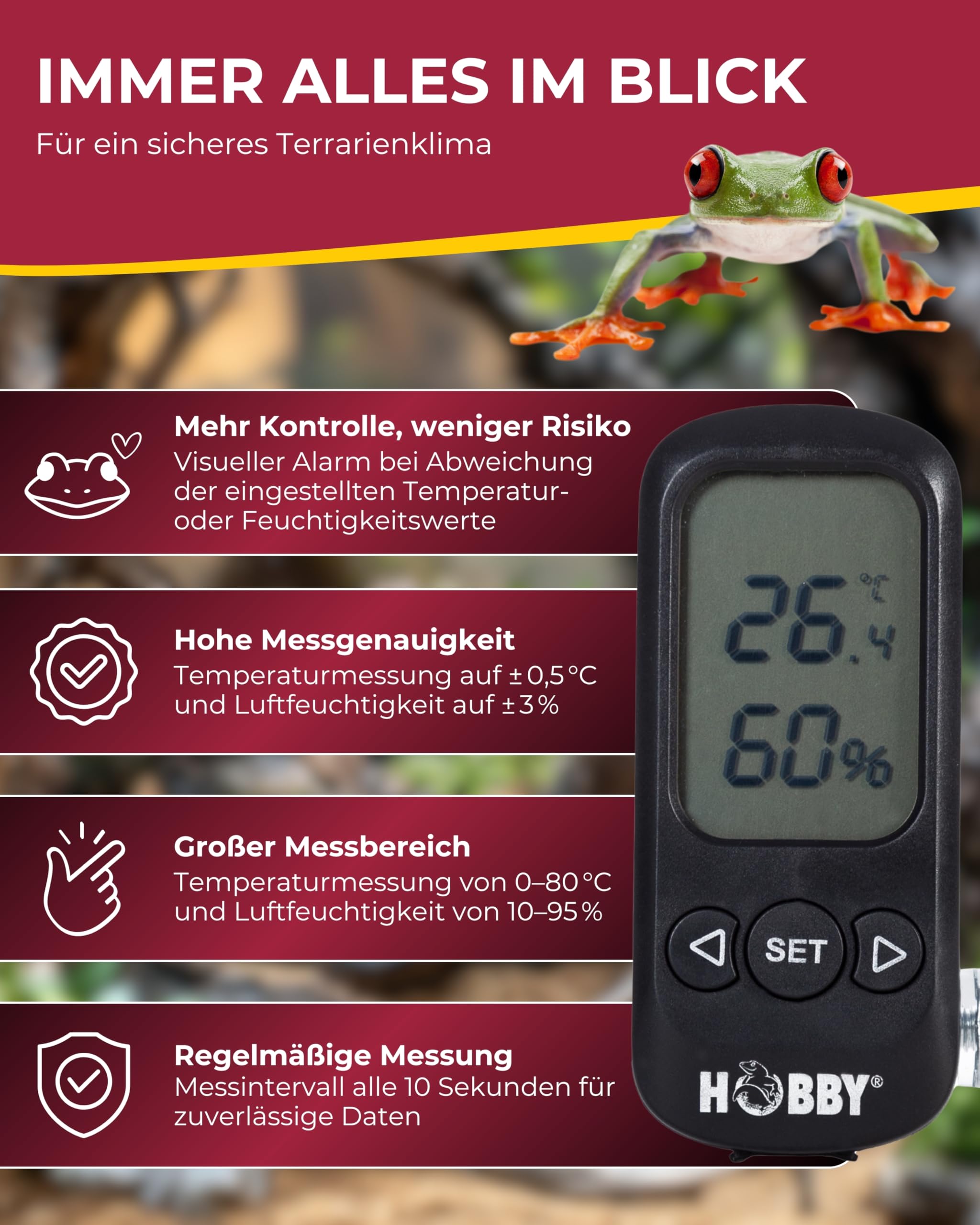HOBBY Terraristik Terra Check I digitales Hygrometer & Thermometer mit Alarmfunktion I zur exakten Kontrolle der Luftfeuchtigkeit und Temperatur in Terrarien I für ideales Terrarienklima