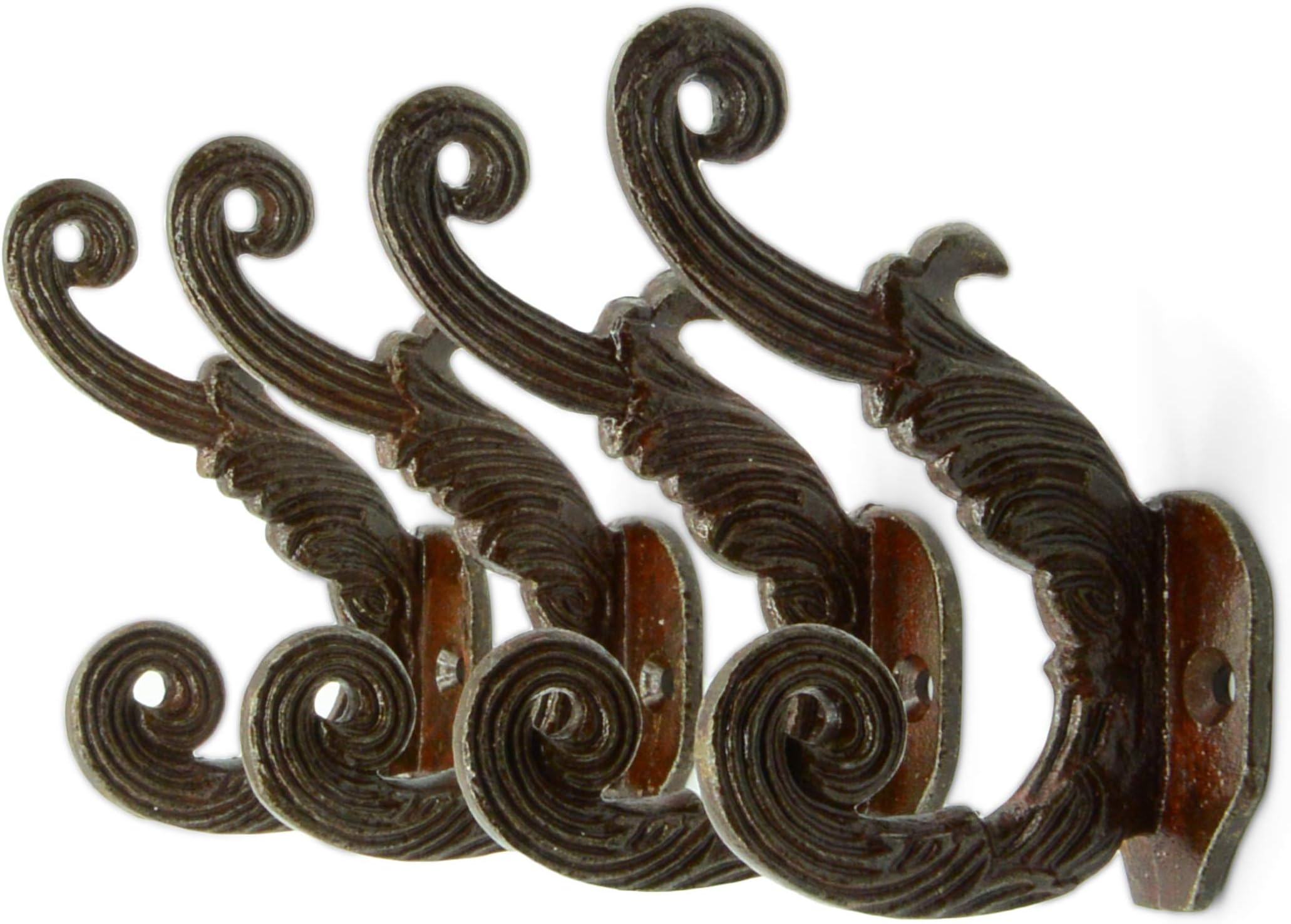 Vintage Cast Iron Wall Hooks (Rustic Finish, Set of 4) - Farmhouse, Shabby Chic, French Country Coat Hooks | Great for Coats, Bags, Towels, Hats | Rouleau Floral