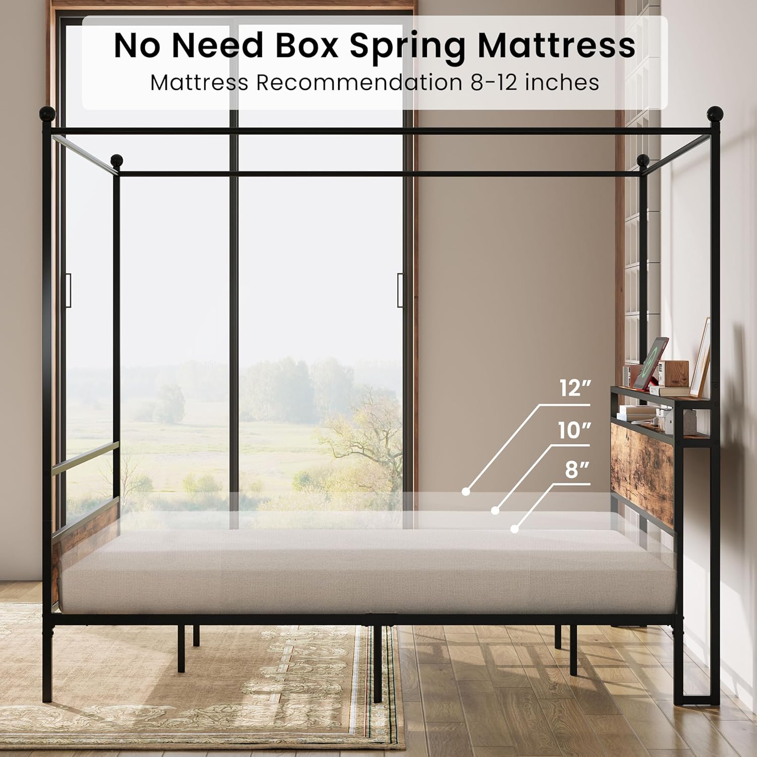 LIKIMIO Canopy Bed Frame King with Storage Headboard & Charging Station, Sturdy Metal Platform Bed with 4 Removable Posts, Dual Purpose Bed Frame, No Box Spring Needed, Noise Free