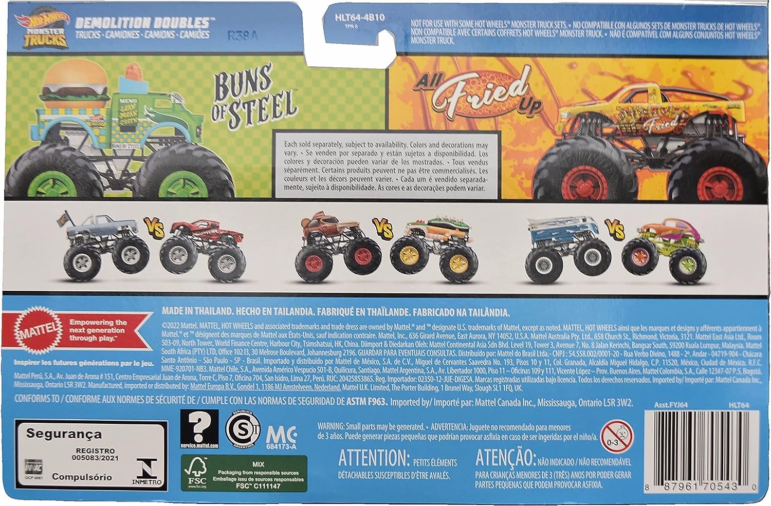 Hot Wheels Monster Trucks Buns of Steel VS All Fried Up Demolition Double