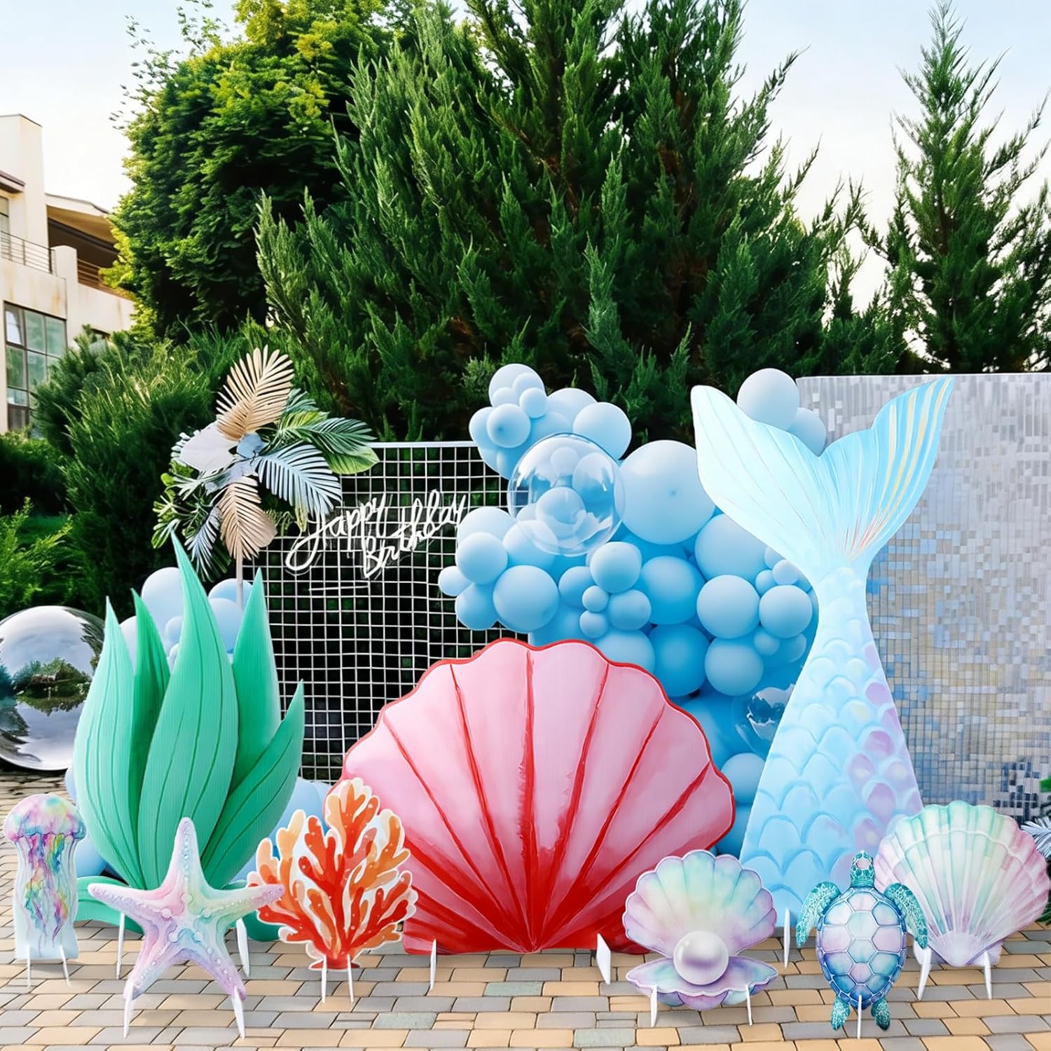 9 Pcs Ocean Decorations Large Sea Party Stand Under the Sea Party Decorations Set Mermaid Tail Shell Seaweed Seashell Starfish Jellyfish Cutouts Birthday Favor for Photo Booth Prop