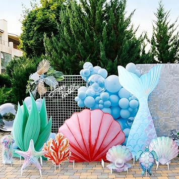 9 Pcs Mermaid Party Decorations Set, Large Under The Sea Photo Booth Props with Shell, Starfish, Jellyfish, Seaweed for Birthday or Beach Party Photo Booth Prop
