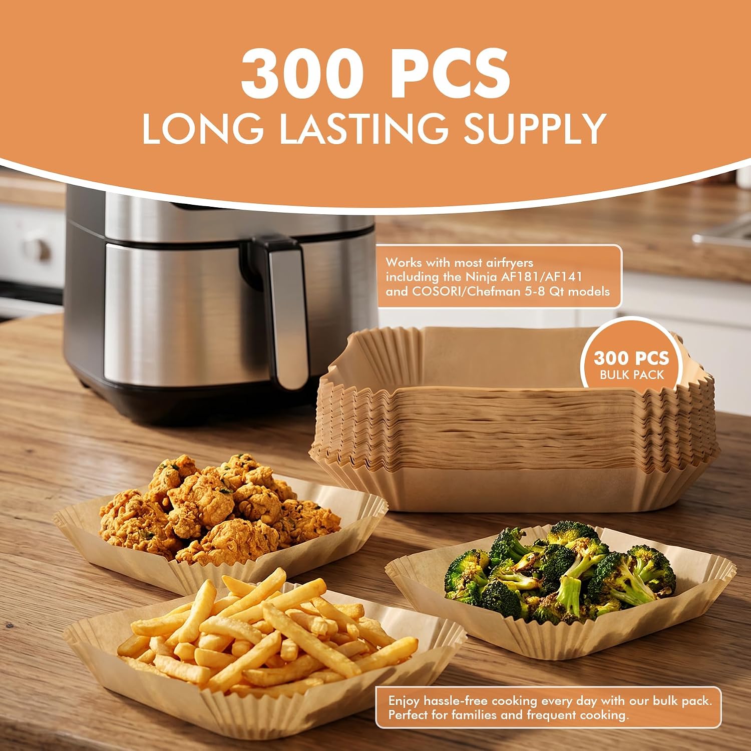 HOTEC 300Pcs 8inch Square Air Fryer Disposable Paper Liners for 5-8 qt Basket, Non-Stick Parchment Paper Oil Proof, Waterproof, Heat Resistant Baking, Roasting