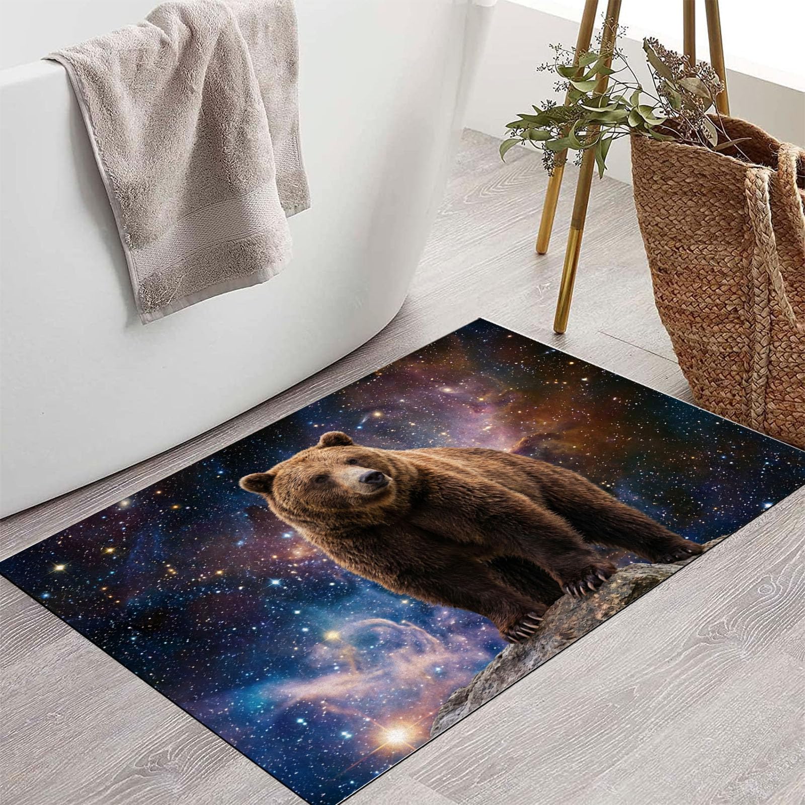 Zerbino Interni Feroce Orso Bruno 60X90Cm, Antiscivolo Lavabile, Tappeto Da Ingresso Misterioso Paesaggio Di Cielo Stellato, Tappetino Pelo Basso Antipelo Per Porta D’Ingresso, Blu Scuro
