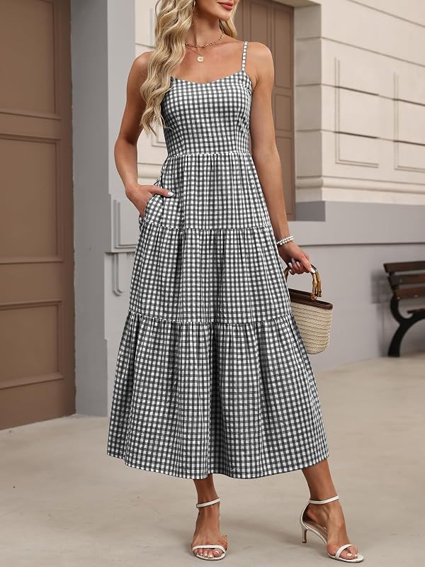 ANRABESS Womens Summer Midi Dresses Casual Striped Plaid Sleeveless Flowy Maxi Dress 2026 Beach Vacation Sundress Black White Plaid X-Small by ANRABESS - Used condition - Image 6