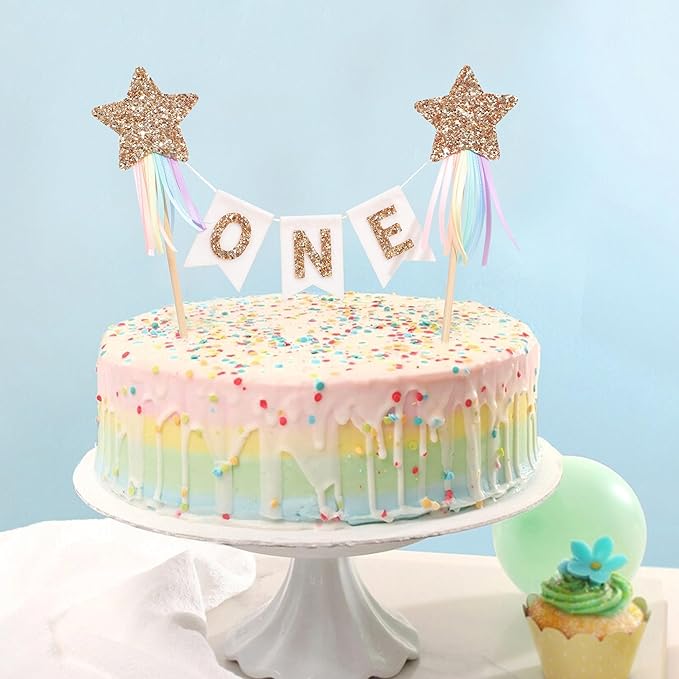 Gold Star Rainbow Cake Topper - First Birthday Pastel Rainbow