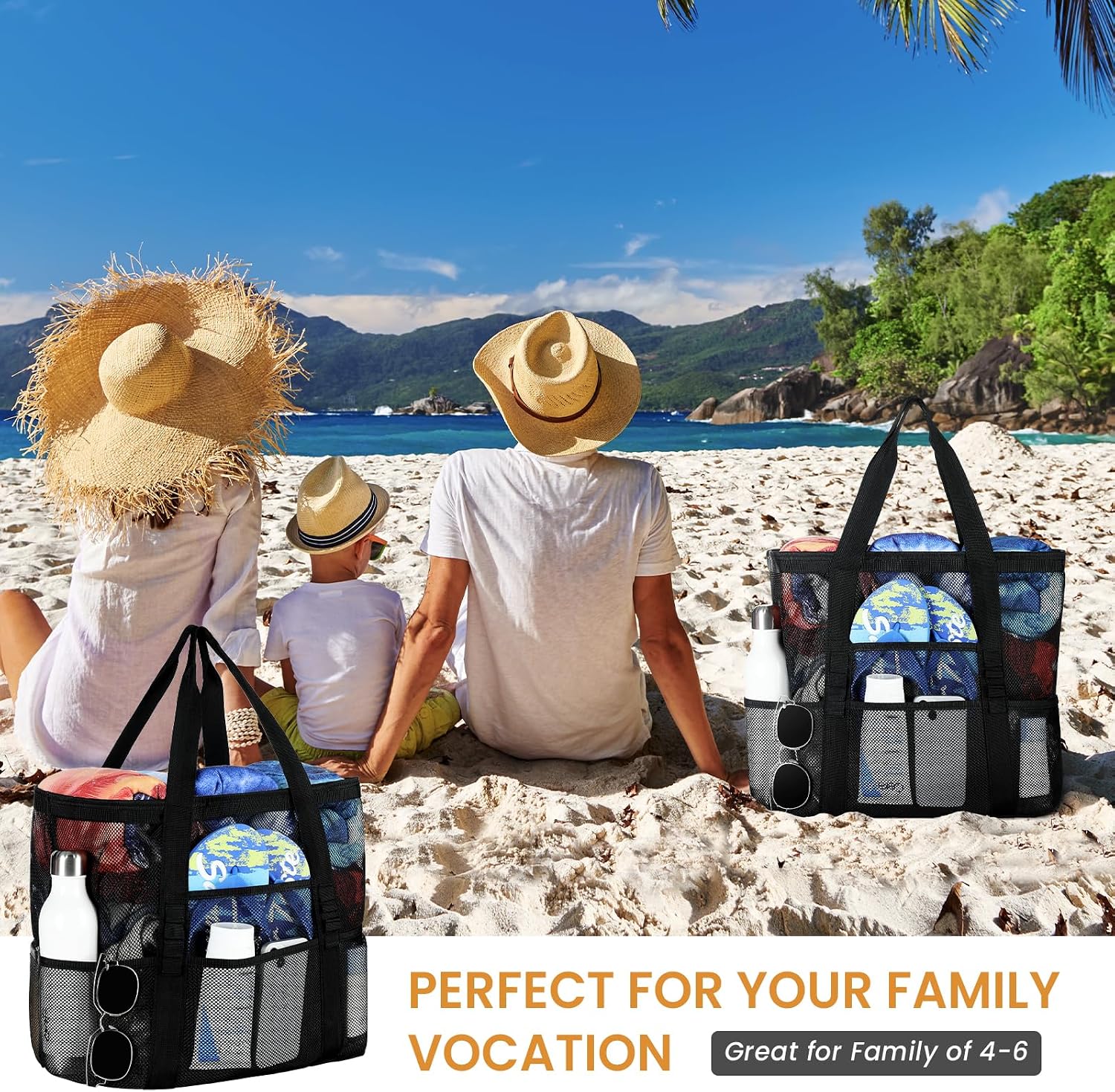 Tavaleu Mesh Beach Bag - Large Beach Tote with Multi Functional Pockets for Family Travel/Vacation