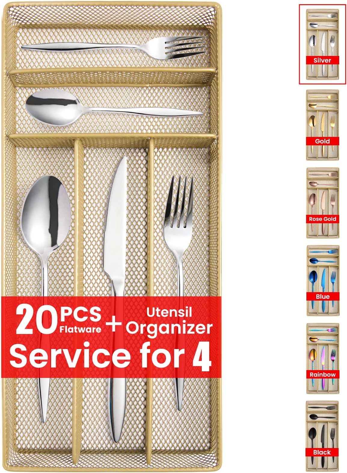 20 Pieces Silverware Set with Tray for 4, KITWARE Stainless Steel Flatware Culery Set for Home Restaurant Office, Starter Set for Couple and Self, Dishwasher Safe