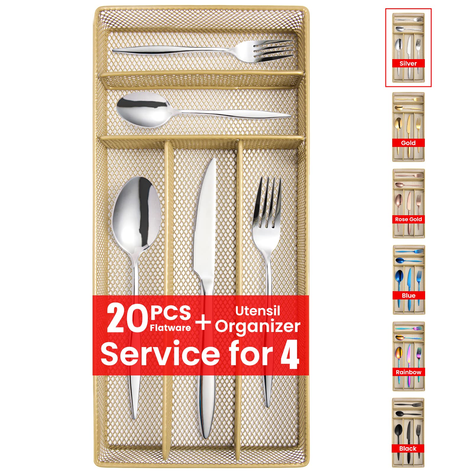 20 Pieces Silverware Set with Tray for 4, KITWARE Stainless Steel Flatware Culery Set for Home Restaurant Office, Starter Set for Couple and Self, Dishwasher Safe