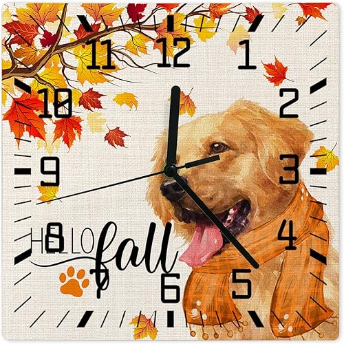Hello Fall Wooden Wall Clock Silent Non Ticking, Thanksgiving Dog Orange Scarf Maple Leaf Burlap Square Wall Clock Battery Operated, Decor Clock for