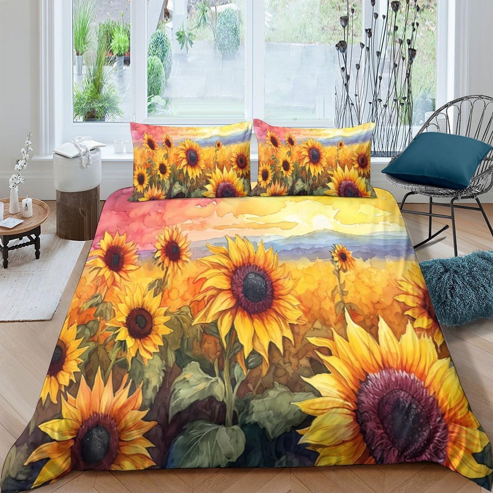 Ctjqhvkz Style-8 3D Printed Sunflower Field Fitted Sheet Microfiber Soft Vibrant Sunset Landscape Bed Cover For Bedroom Guest Room Decor Single（135X200cm）
