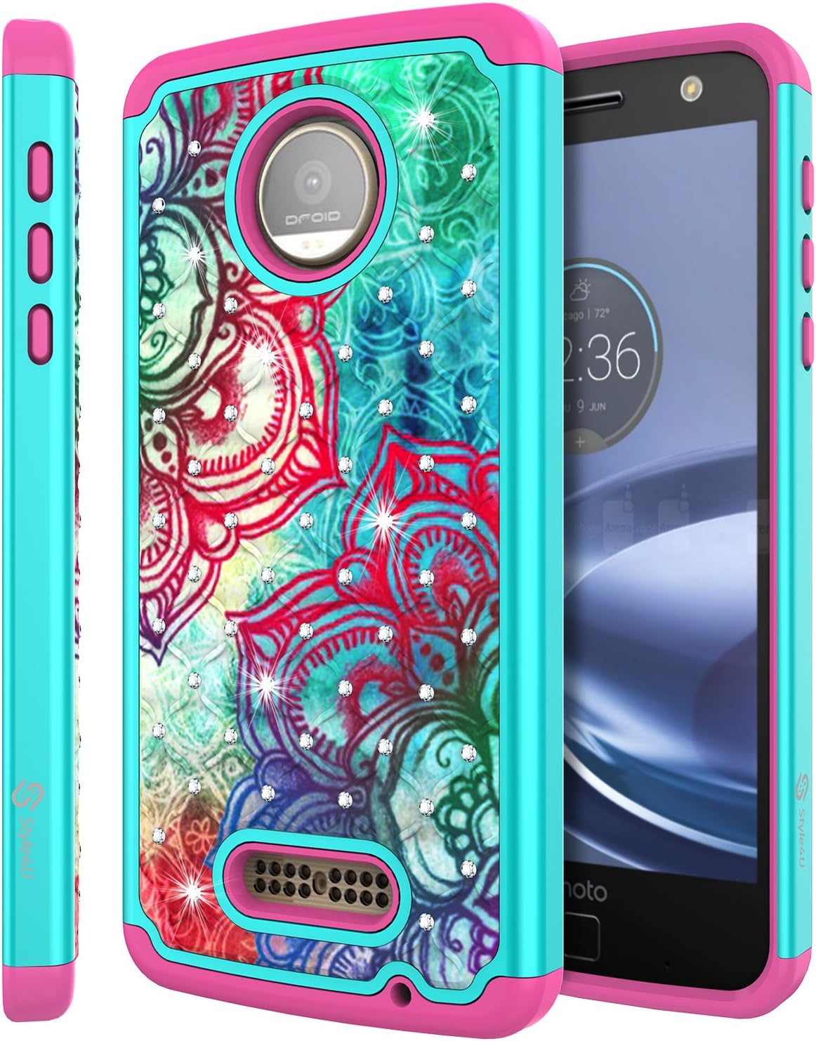 Style4U Moto Z Force Case, Moto Z Force Droid Case, Hawaiian Flower Studded Rhinestone Crystal Bling Hybrid Armor Case for Motorola Moto Z Force/Moto Z Force Droid with 1 Stylus [Teal/Hot Pink]