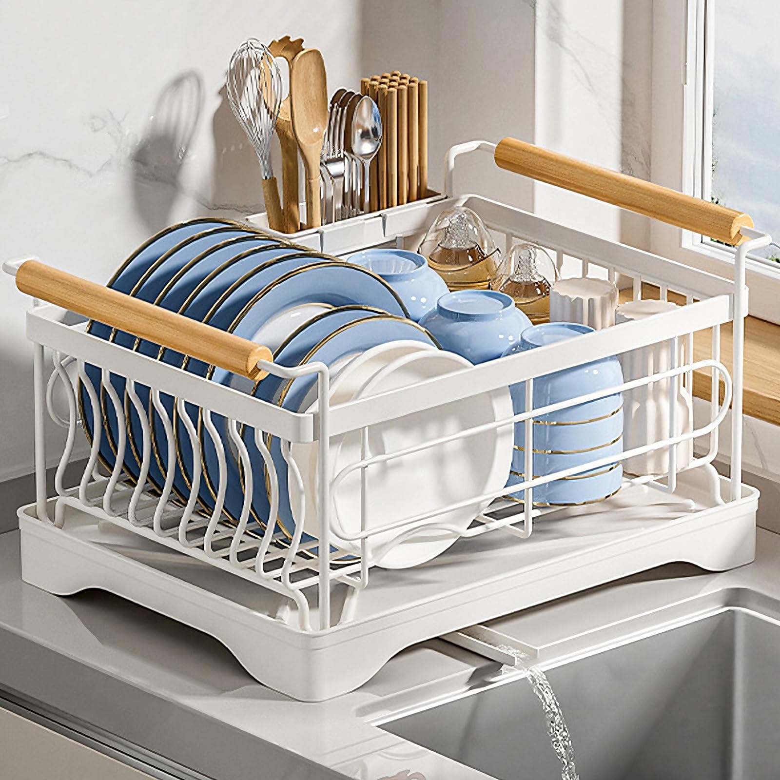 Stainless Steel Over Sink Dish Drying Rack Small Compact Kitchen Sink Caddy Organizer with Drain Hole and Drip