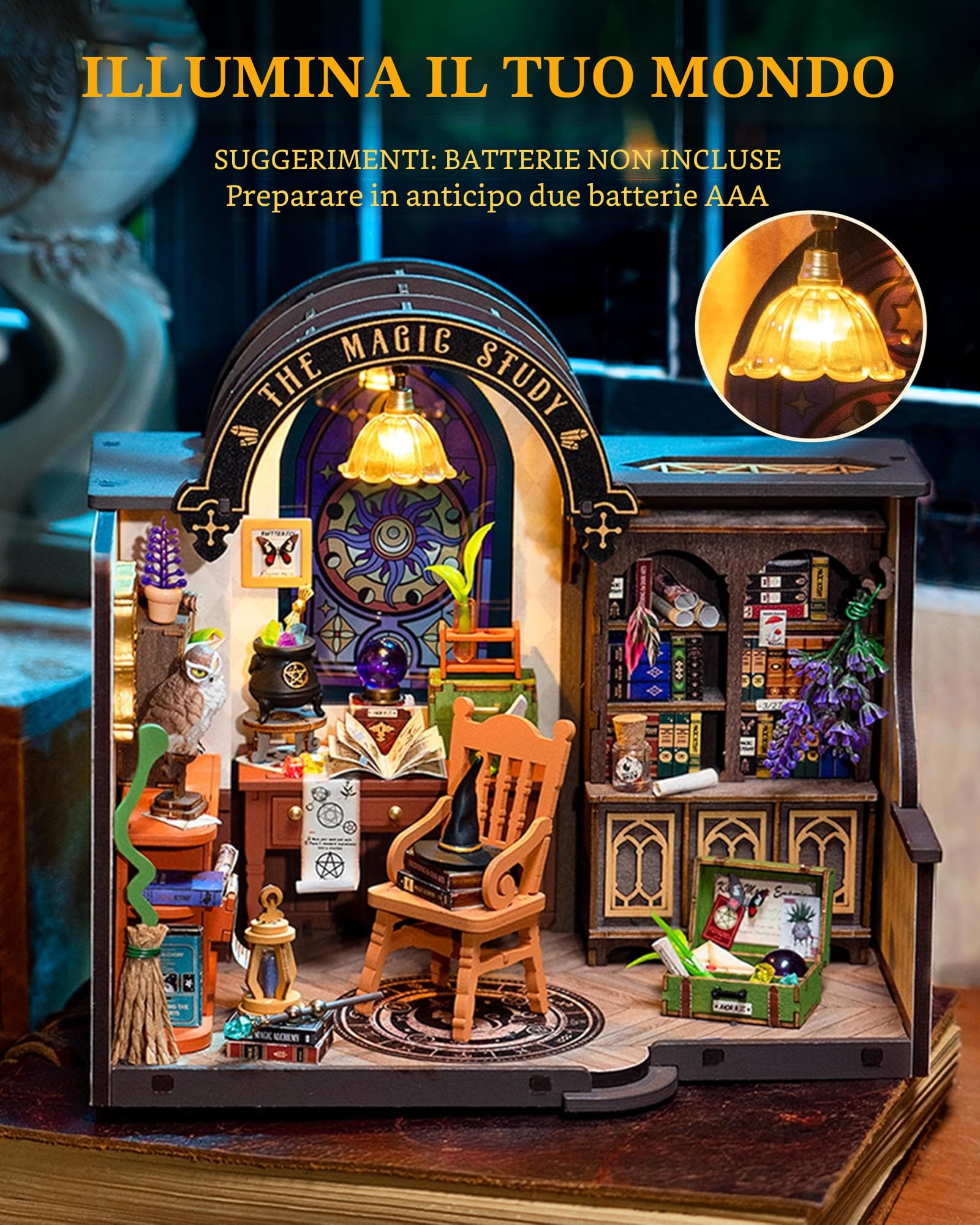 Rolife Kit per casa in miniatura fai da te, mini kit di costruzione della casa Lo studio magico, kit in miniatura per casa delle bambole da scrivania, decorazione per libreria, modello regalo DG166