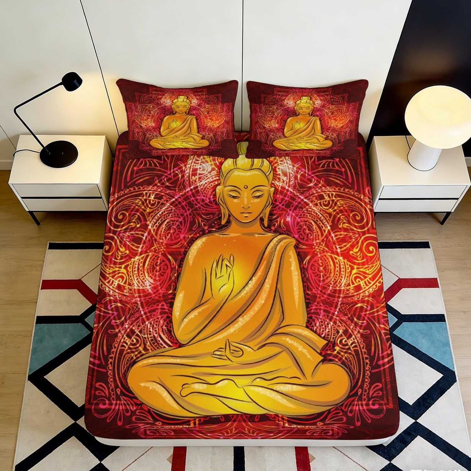 3D Printed Golden Buddha Fitted Sheet Microfiber Mandala Pattern Mattress Cover for Bedroom Home Decor 90x200x25cm