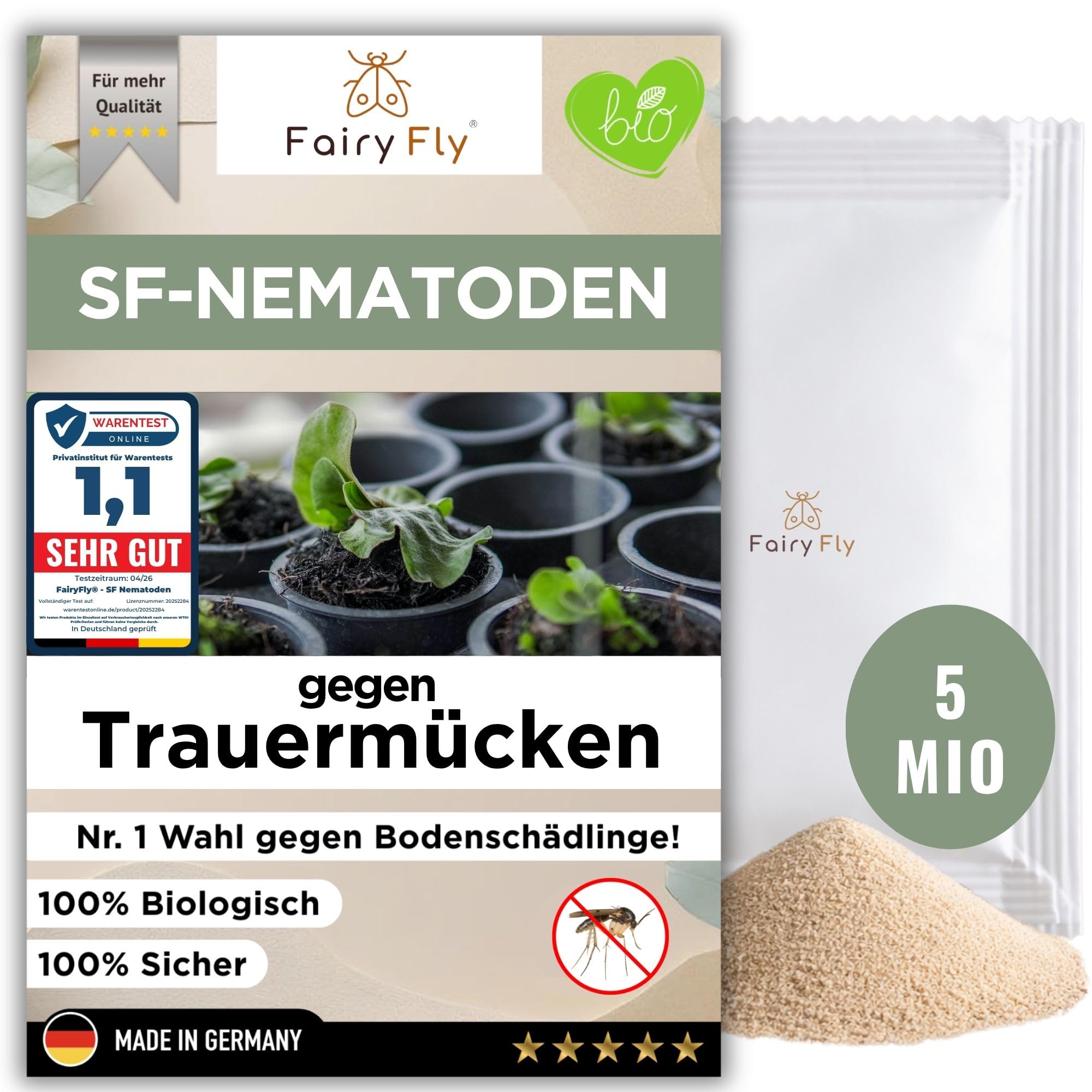 FairyFly® SF Nematoden gegen Trauermücken – Nematoden zum Gießen für Zimmerpflanzen, Balkon & Gewächshaus – (1-50 Mio für 2-100 m²) biologische Schädlingsbekämpfung ohne Chemie