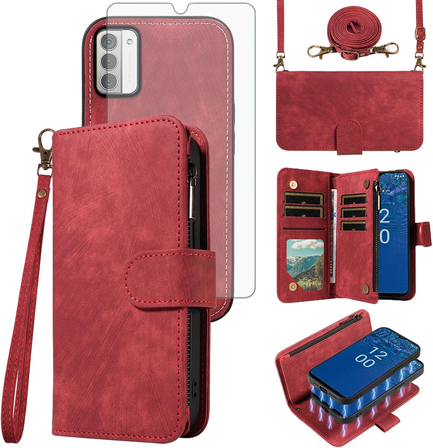 Asuwish Phone Case for Nokia G42 5G / Nokia G310 5G (6.56") Zipper Wallet Detachable Magnetic Cover with Screen Protector Crossbody Lanyard Shoulder Wrist NokiaG42 NokiaG310 Girls Women Red