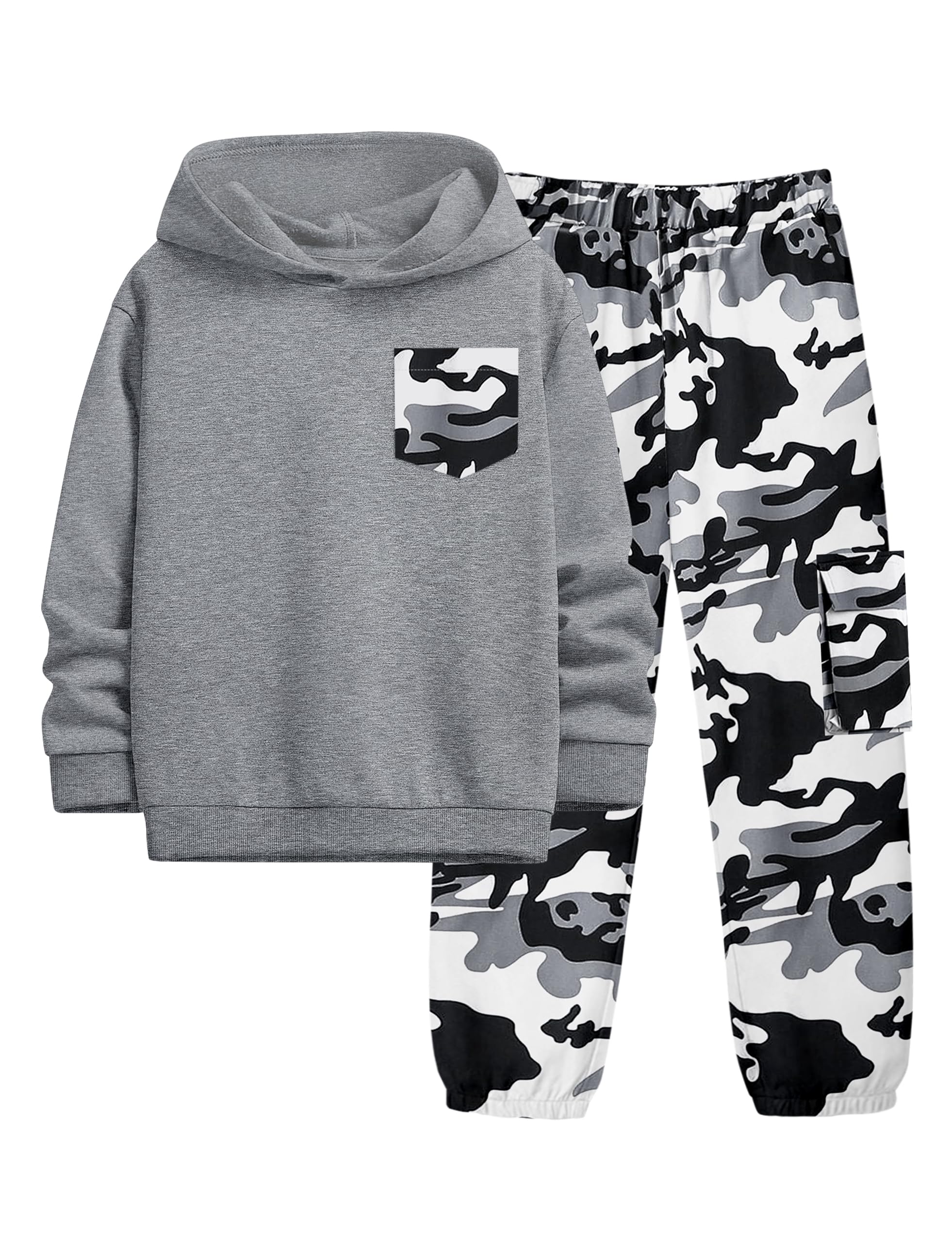 KANGKANG Boys Clothes 2 Pcs Camo Hoodie Sweatshirt Sweatpants Set for 6-16T 13-14 Years Grey+camouflage Grey