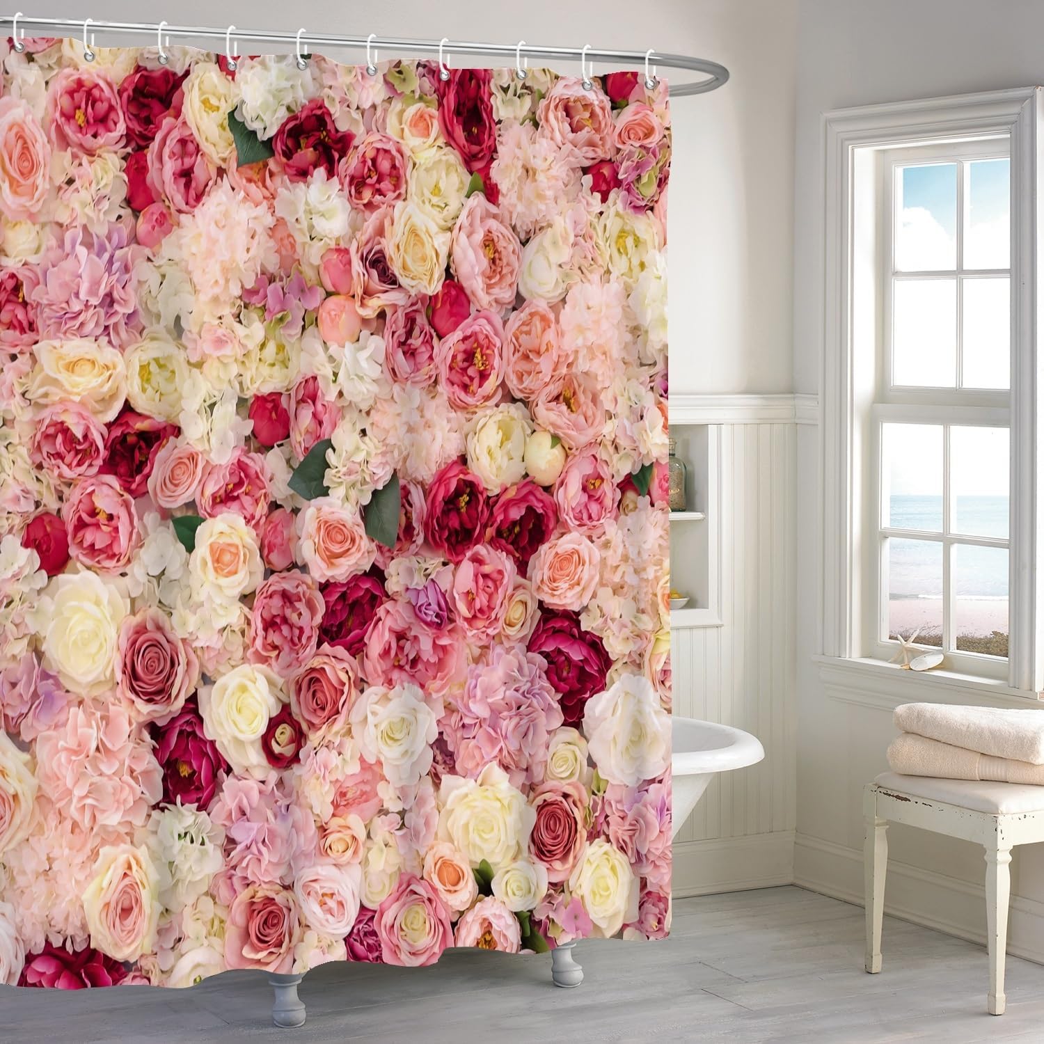 OERJU Floral Shower Curtain Red Pink Colorful Rose Flowers Vivid Bright Spring Beautiful Women Bath Curtain Waterproof Fabric Girly Bathroom Decor Romantic Shower Curtain Set with Hooks 72x84inch