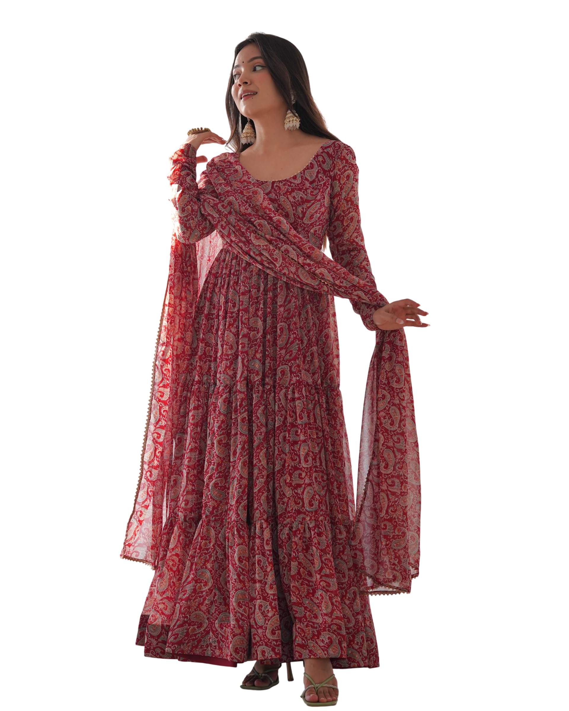 Creation by Pure Soft Fox Georgette Kalamkari Print Fabric Fully Flair Anarkali with Dupatta and Pent Suit Set-image-20