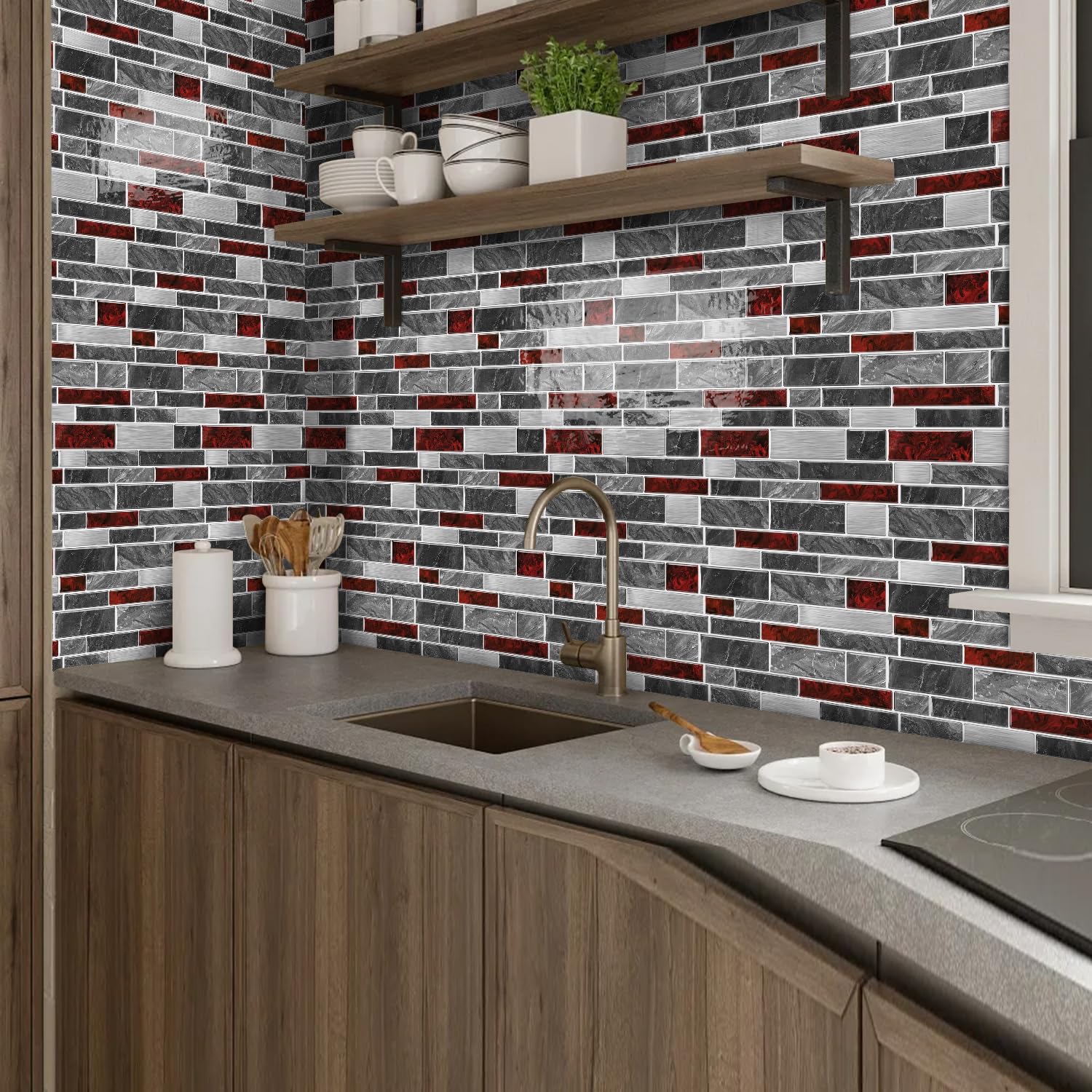 Alwayspon 10 Sheets Retro Red 3D Vinyl Backsplash Tiles – Self-Adhesive Peel & Stick, 12x12, Waterproof Oilproof, For Kitchen Bathroom Wall