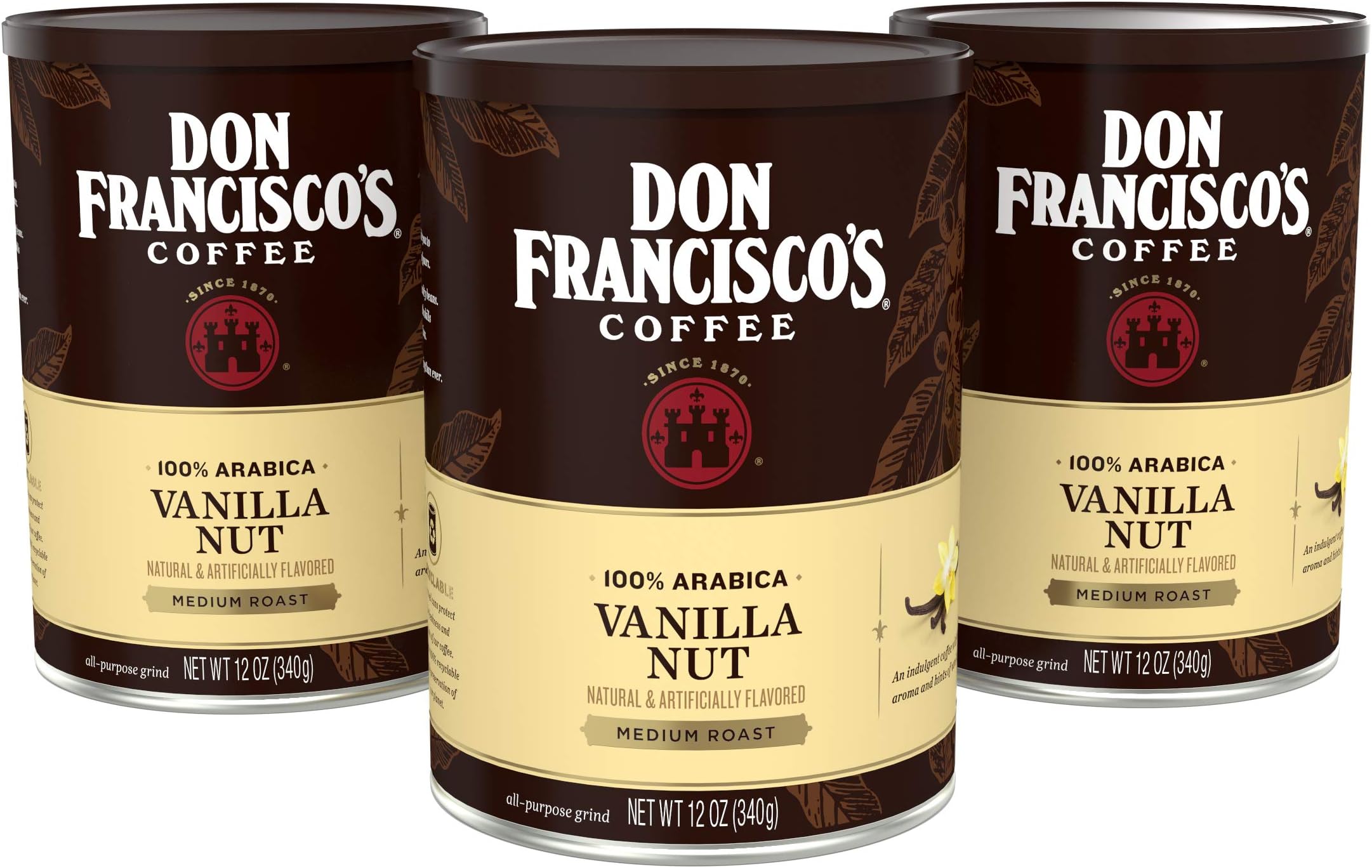 Don Francisco's Premium Vanilla Nut Ground Flavored Coffee: Rich, Aromatic 100% Arabica Beans - Family Crafted for a Delightful Morning Brew (3 x 12 oz Cans)