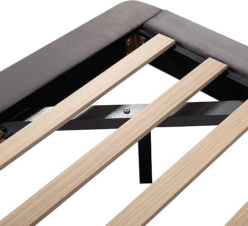 Miniatura 102 de Base de cama flotante tamaño Queen con luces LED y carga USB, marco de cama LED de plataforma tapizada moderna, no necesita somier (blanco-1)