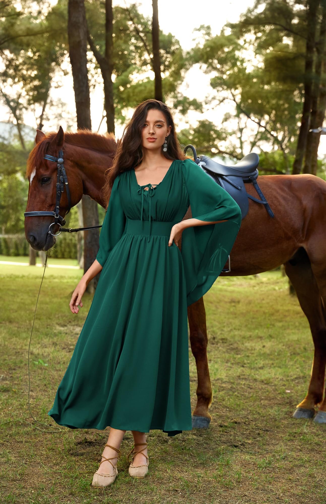 SCARLET DARKNESS Damen Renaissance Kleid 3/4 Ärmel Hohe Taille Schlitz vorne Sommerkleid V-Neck Mittelalter Maxi Kleider