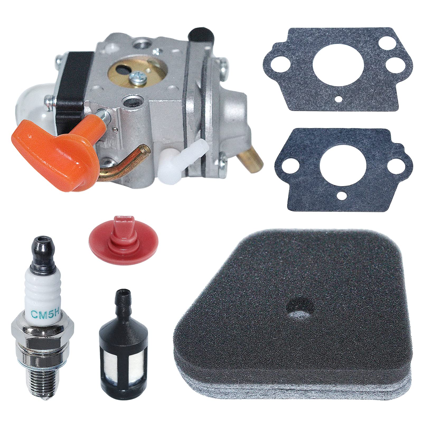 C1Q-S174 Vergaser Kit für Stihl FS90 FS90 R FS87 FS87R FS100 FS110 FS110R für FS FC KM Rasenmäher Serie mit Zündkerze + Luftfilter + Ölfilter + Vergaserdichtung + Ölblasenstopper