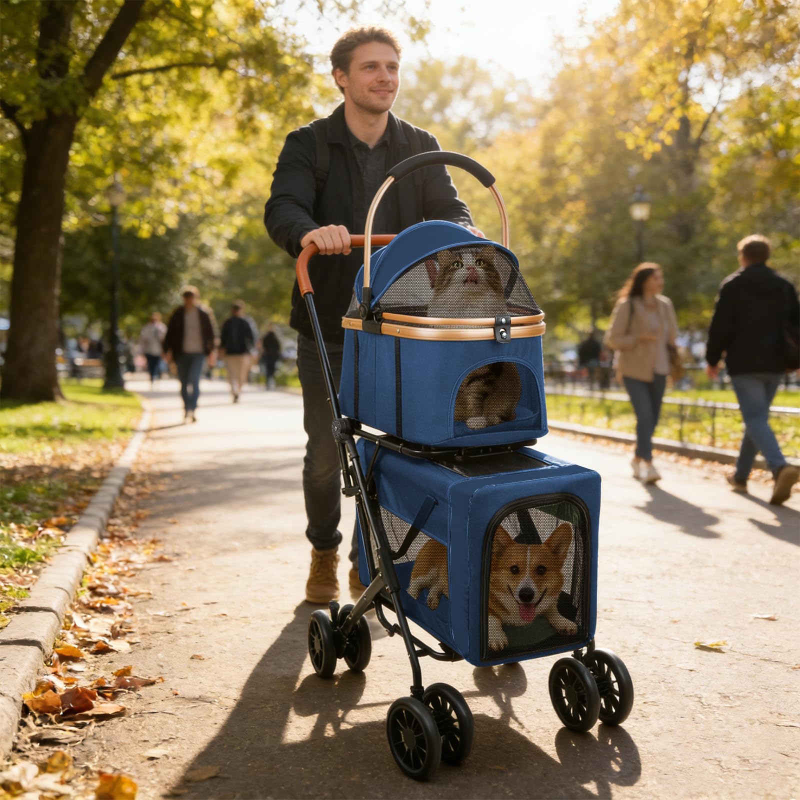 Homewell 2 in 1 Hundewagen, Hundebuggy, Doppelstöckiger Haustierbuggy, Kinderwagen für Katzen/kleine Hunde, Jogger Buggy für Haustiere mit Netzfenstern, Bis 40kg (Blau)
