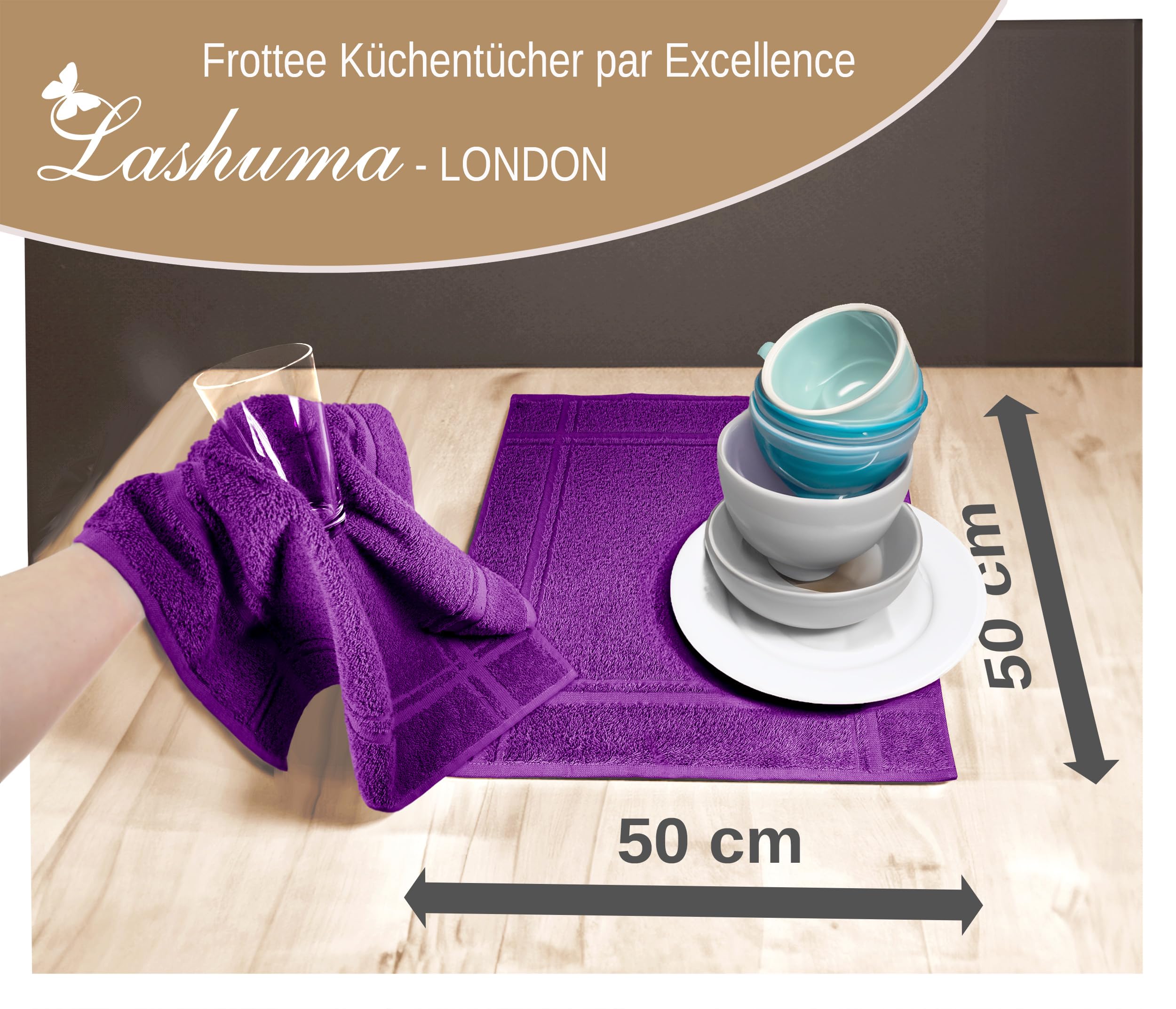 Lashuma Lot de 4 torchons de cuisine éponge 50 x 50 cm, 100 % coton, 450 g/m², violet aubergine