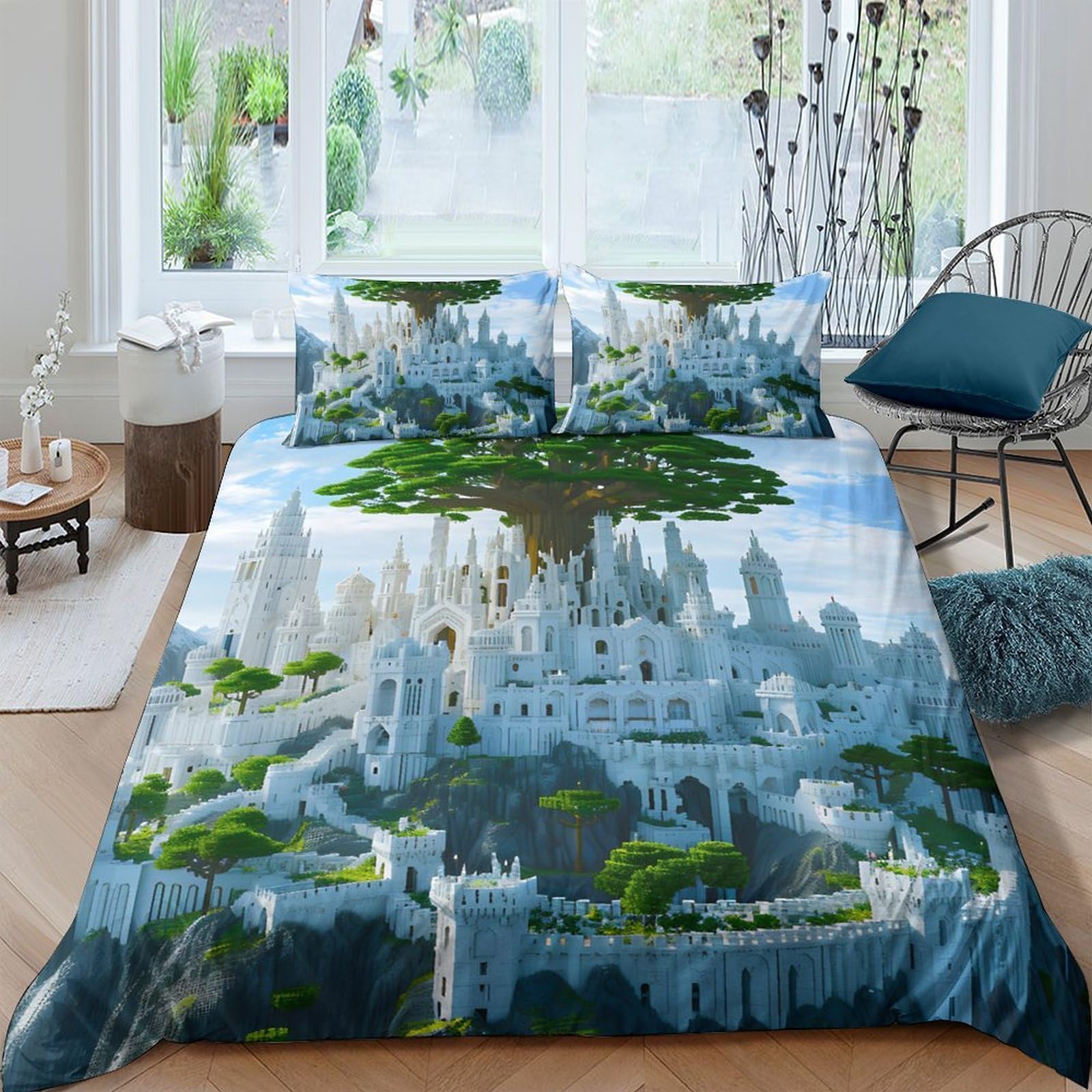 Ctjqhvkz Style-4 3D Printed Fantasy Castle Fitted Sheet Microfiber Soft Blue Green Enchanted Forest Mattress Cover Bedroom Decor Single（135X200cm）