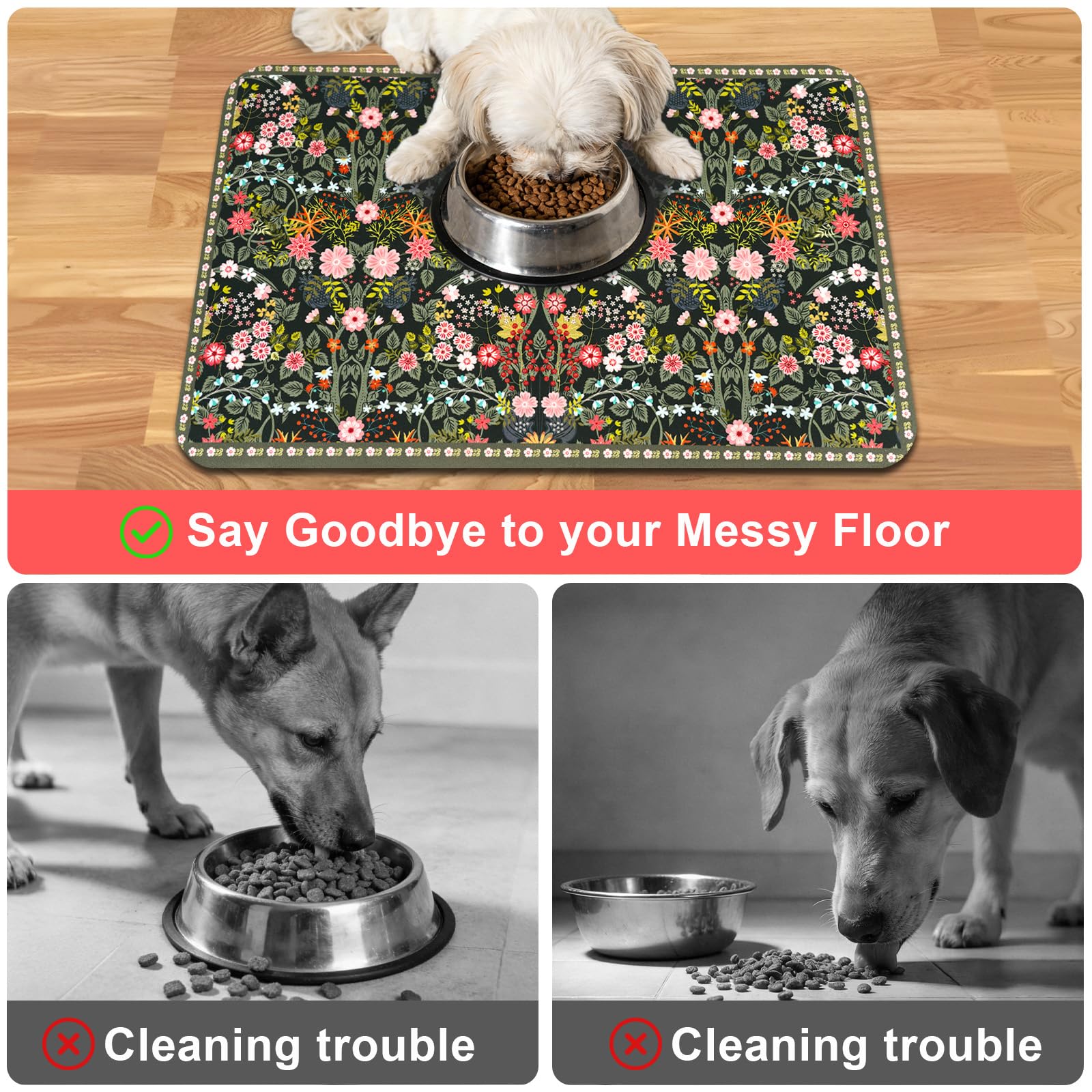 Tappetino per cibo per cani per pavimenti vintage boho floreale impermeabile per cibo per gatti e ciotole d'acqua – verde scuro assorbente ad asciugatura rapida antiscivolo tappetino per