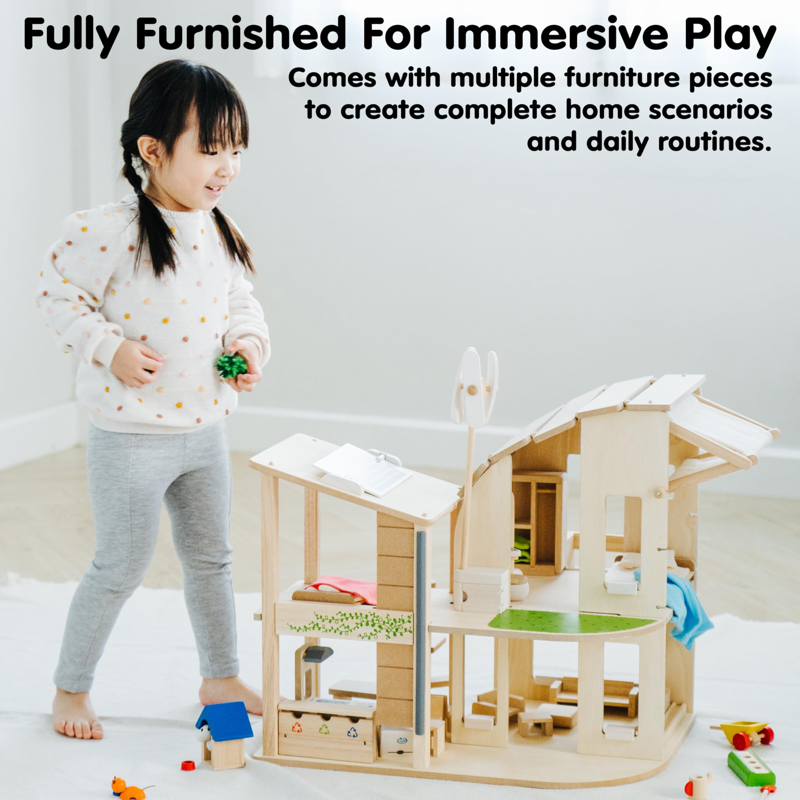 PLAN TOYS - "Green" Doll's House with Furniture