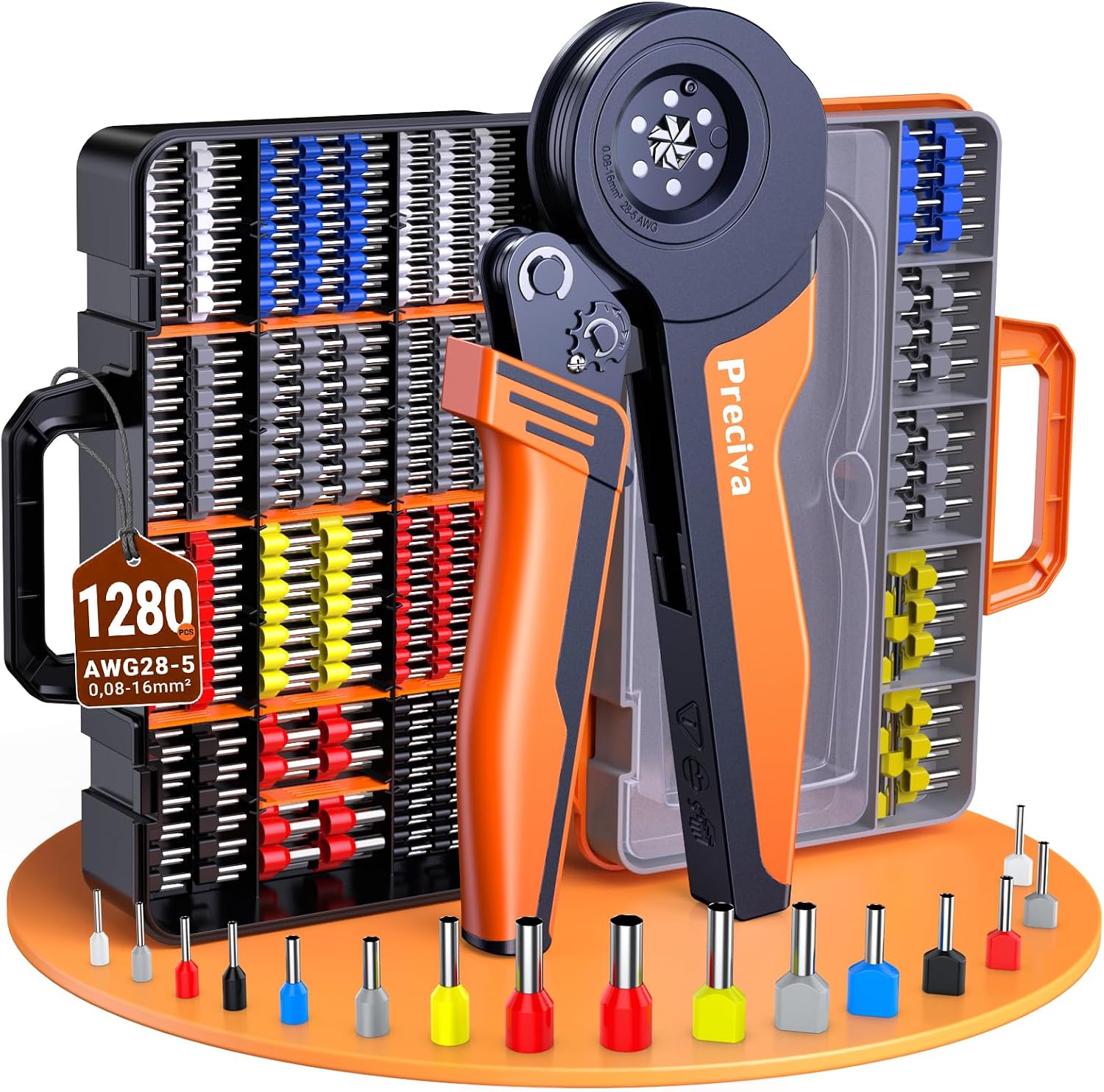 Preciva Ferrule Crimping Tool Kit - AWG 28-5 Hexagonal Ferrule Crimper with 850Pcs Single and 430Pcs Twin Ferrules Connectors, Double-Layer Carrying Case for Electrical Applications