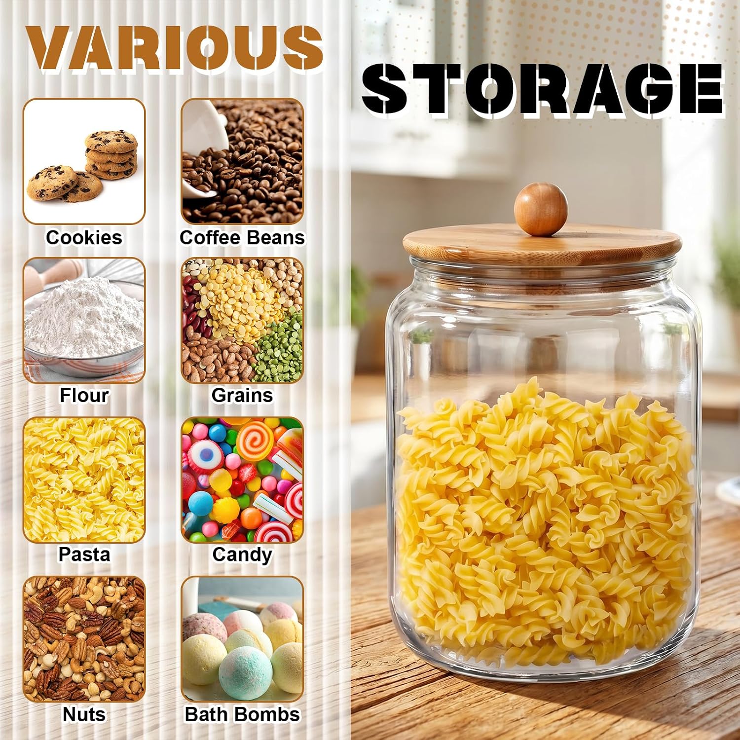 Suclain 2 Pack 68 oz Glass Storage Jars with Airtight Knob Bamboo Lid Thick Food Canister with Seal Clear Food Storage Container for Kitchen Flour Sugar Cookies Coffee Bean Pantry Organization