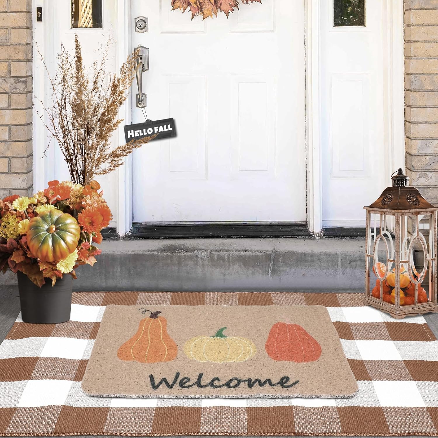 Nuanchu 2 Pcs Thanksgiving Rug for Front Porch Decor Doormat Combo Set, 100% Coir Pumpkin Welcome Mat and 27.5" x 43" Layered Buffalo Plaid Rug for Indoor Outdoors (Coffee, White, Plaid, Pumpkin)