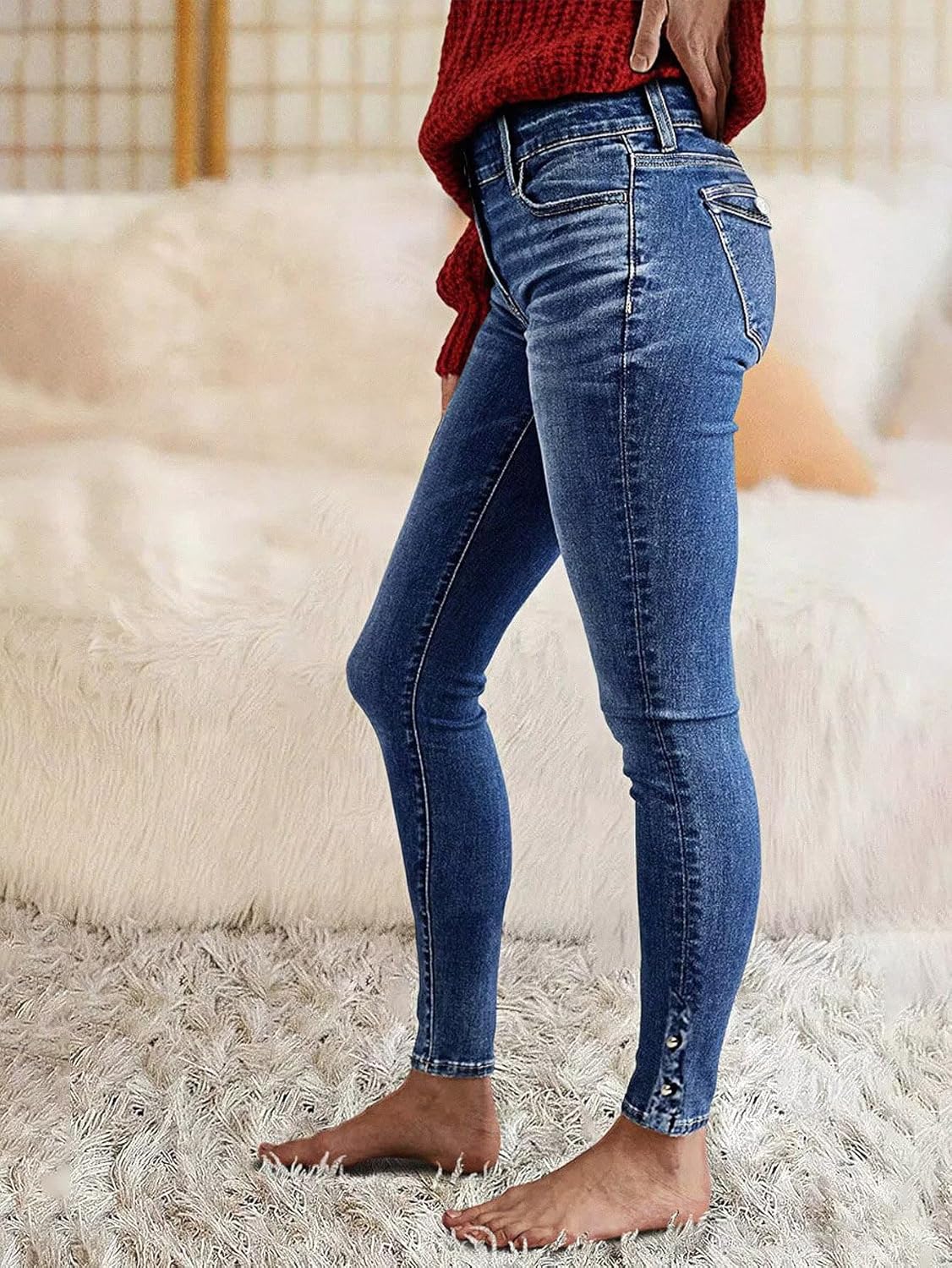 Flamingals High Waist Butt Lifting Skinny Jeans for Women Double Button Tummy Control Vintage Denim Pants - Image 3