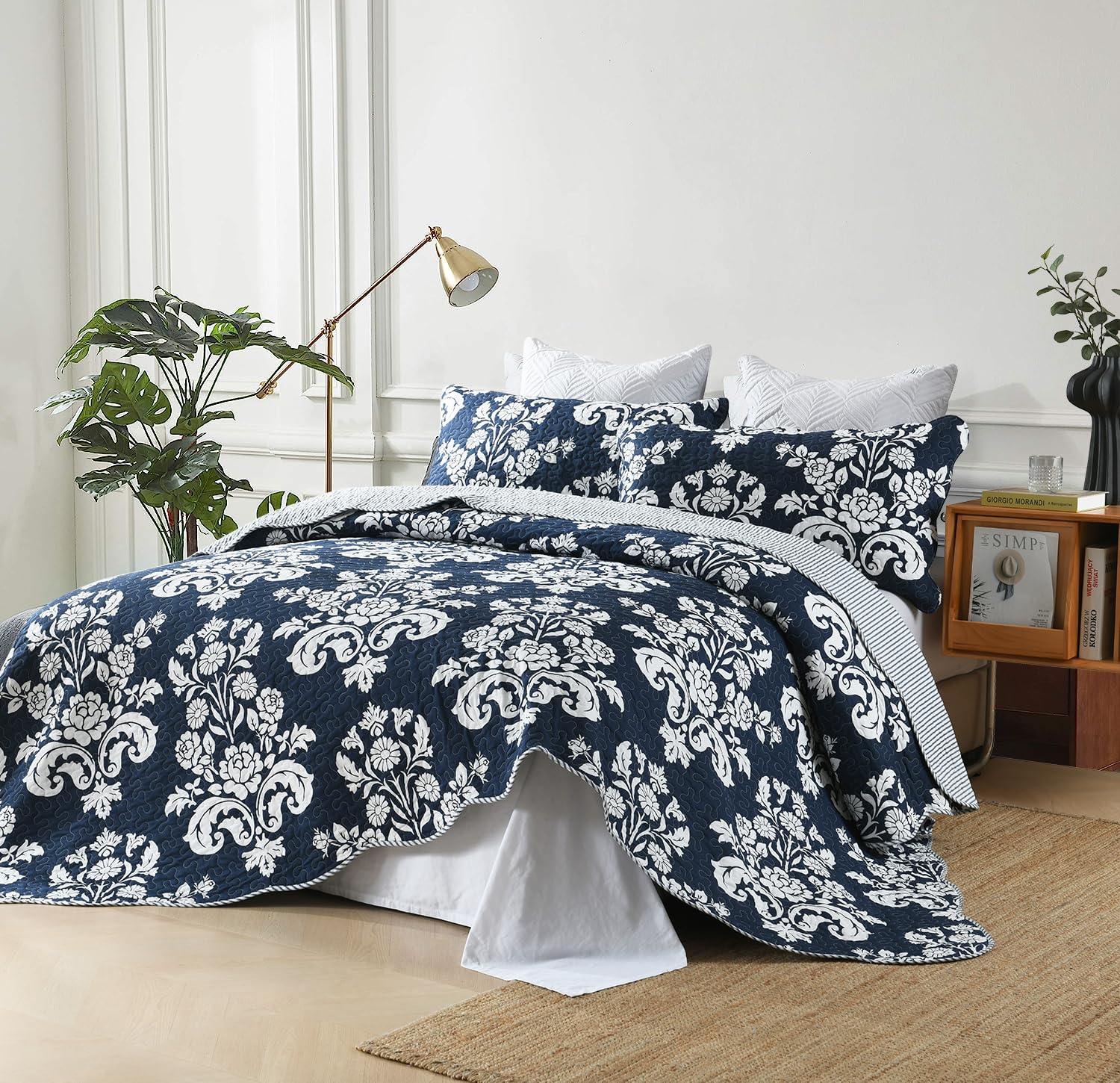 Cinefoso Quilt King Size 100% Cotton Navy Blue Quilt Set King Farmhouse Floral Paisley King Quilt Bedding Set Reversible Lightweight Bedspread for King Bed All Season 3-Piece