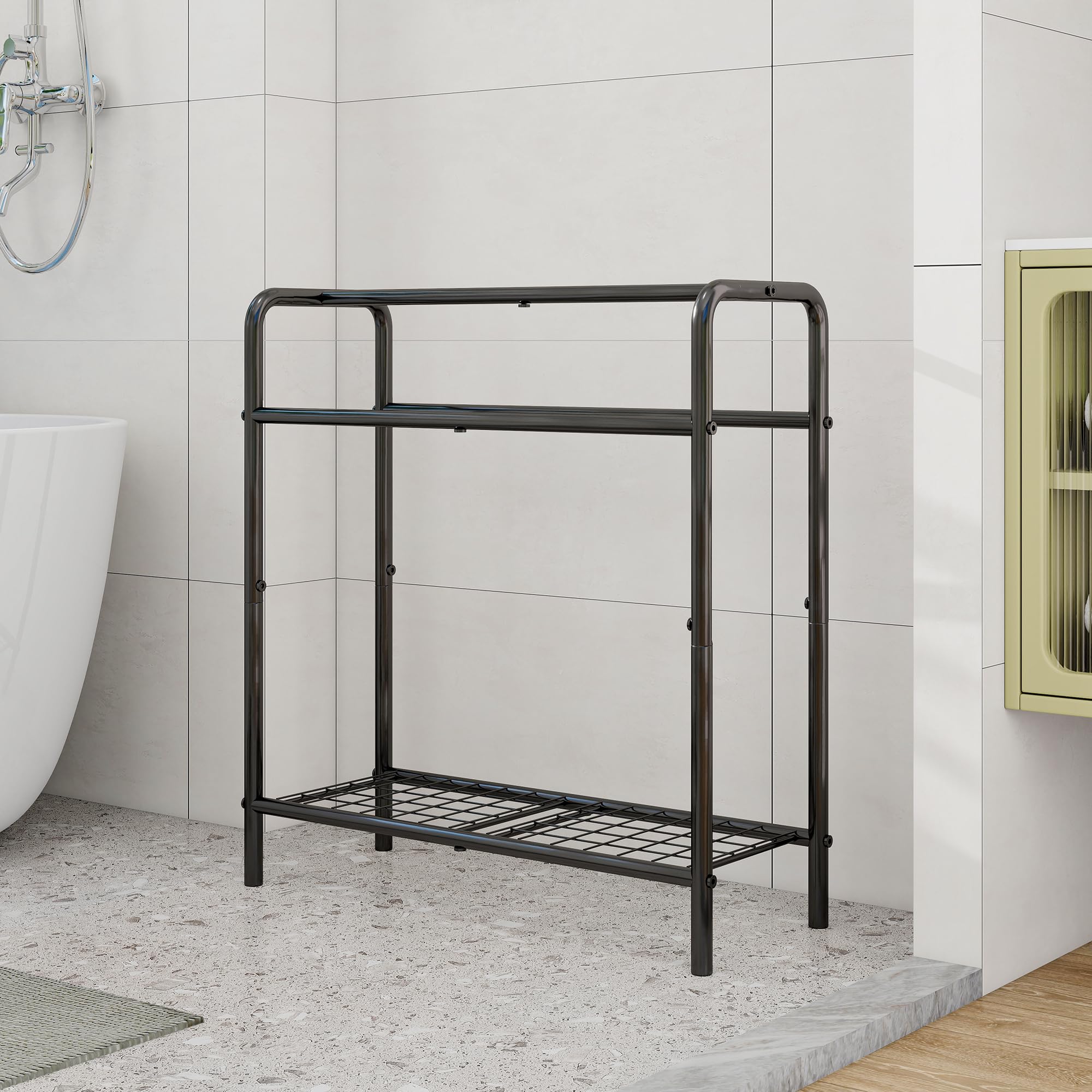 Porte-serviettes à 3 niveaux en métal, petit porte-serviettes autonome pour salle de bain, gain de place, chambre à coucher, salle de bain, étagère d'affichage pour piscine (noir, 70 x 27 x 76
