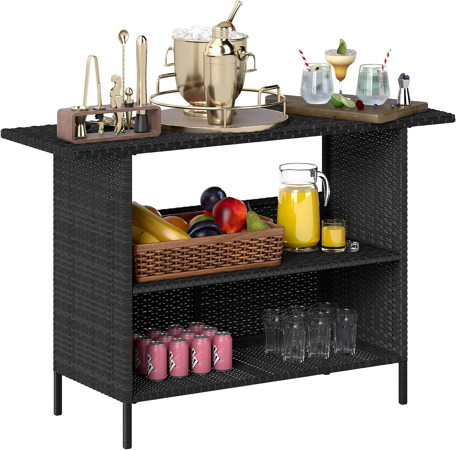 Outsunny Wicker Outdoor Bar Table PE Rattan Bar Height 2 Shelves Black | All Weather Patio Table, Steel Frame, for Garden Backyard Poolside