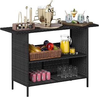 Outsunny Wicker Outdoor Bar Table, PE Rattan Bar Height Patio Table with 2 Shelves, All Weather Patio Bar Table with Steel Frame for Garden, Backyard, Poolside, Black
