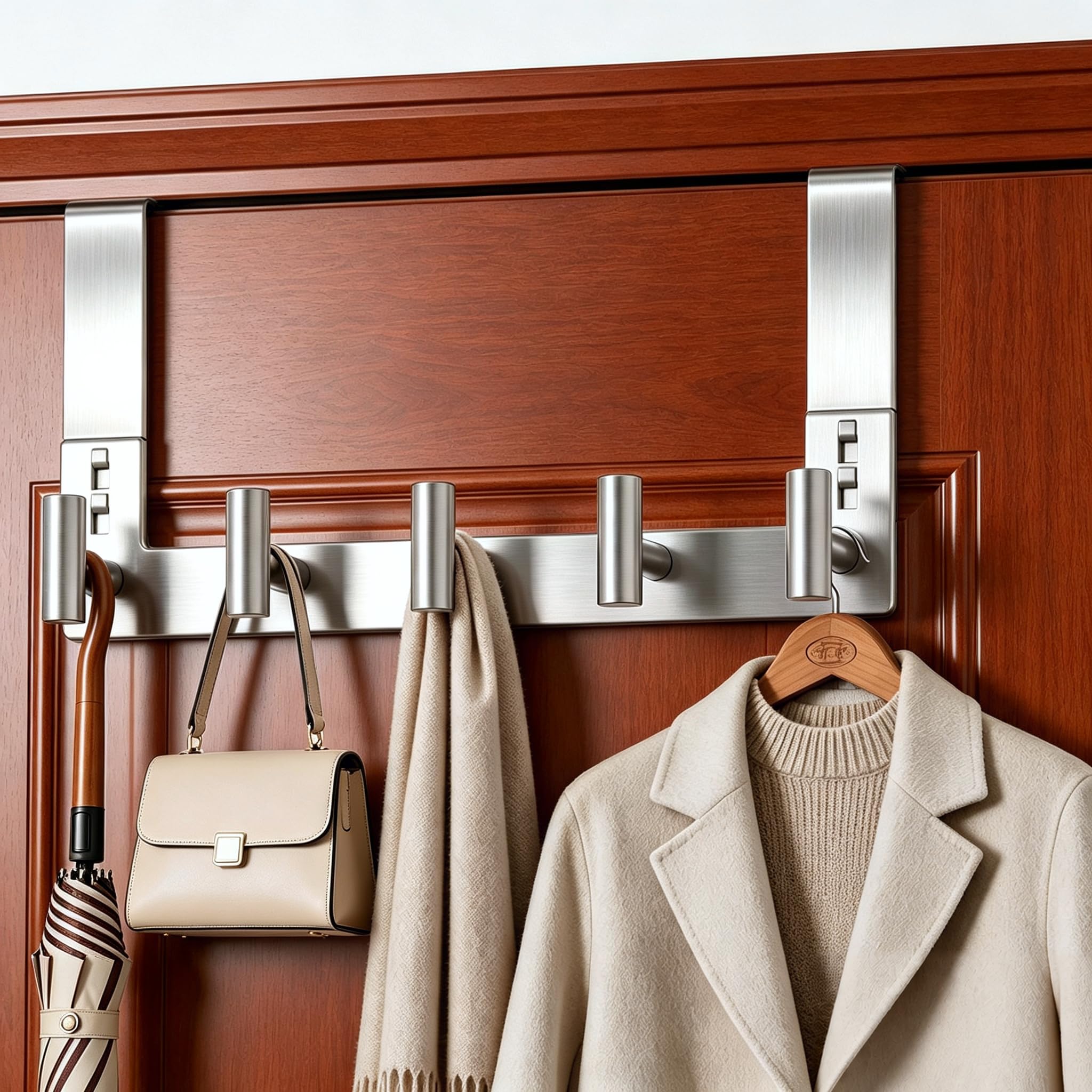 Stainless Steel Over The Door Hooks, Bathroom Towel Holder Door Mount Coat Rack Towel Rack for Bedroom, Doors Hangers Towel Hooks for Bathroom Dorm Essentials (1 Pack,Silver-5 Hooks)