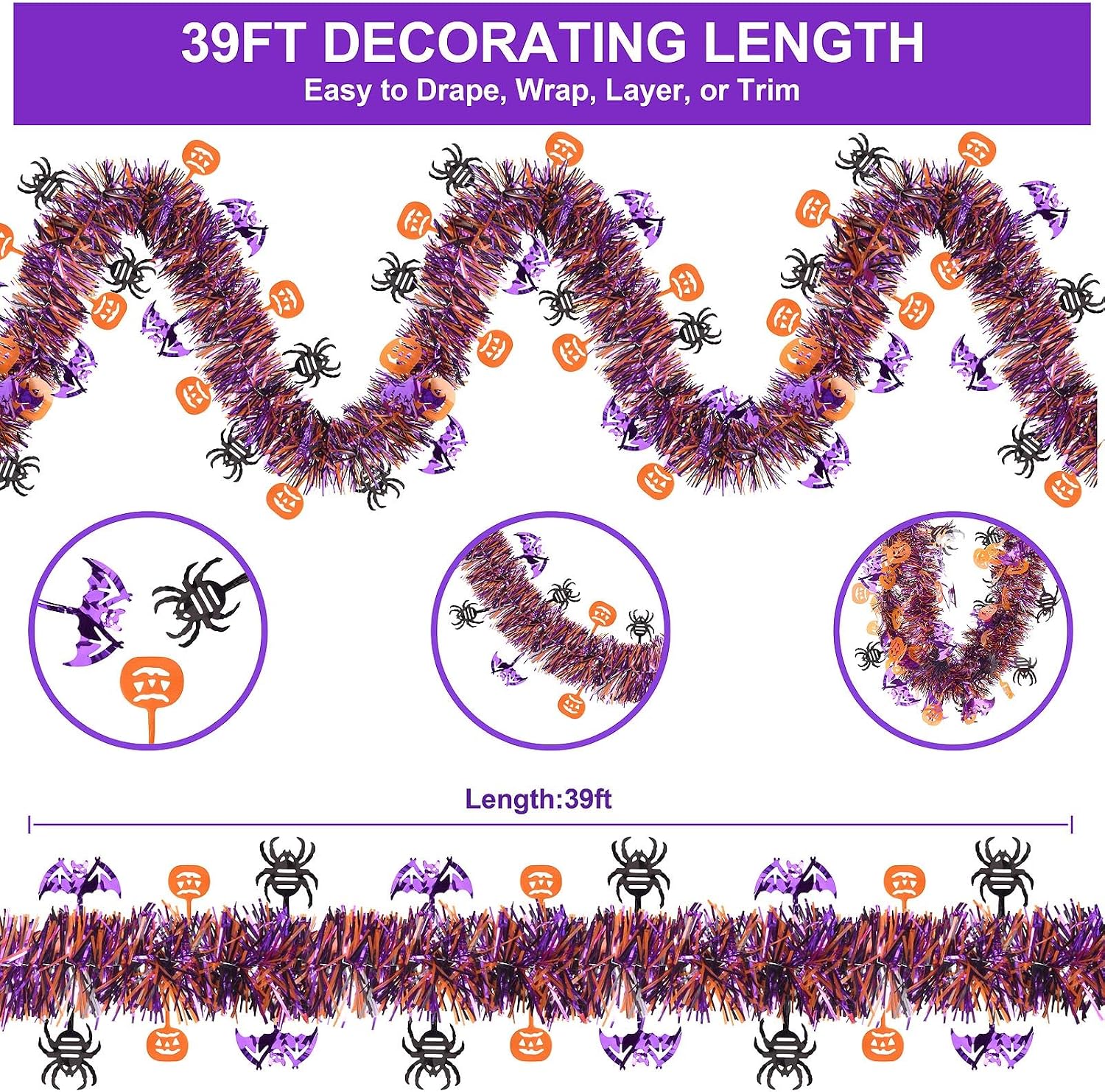 39FT Halloween Tinsel Garland, Purple Metallic Foil Garland Spider Decor