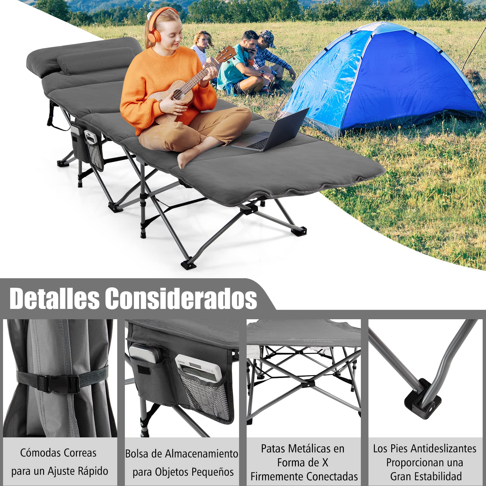 COSTWAY Cama de Camping Plegable de Viaje, Colchón y Almohada Extraíbles, Cama de Camping Portátil y Duradera, Carga hasta 150 kg, 185x65x41 cm, Tumbona Plegable para Adultos