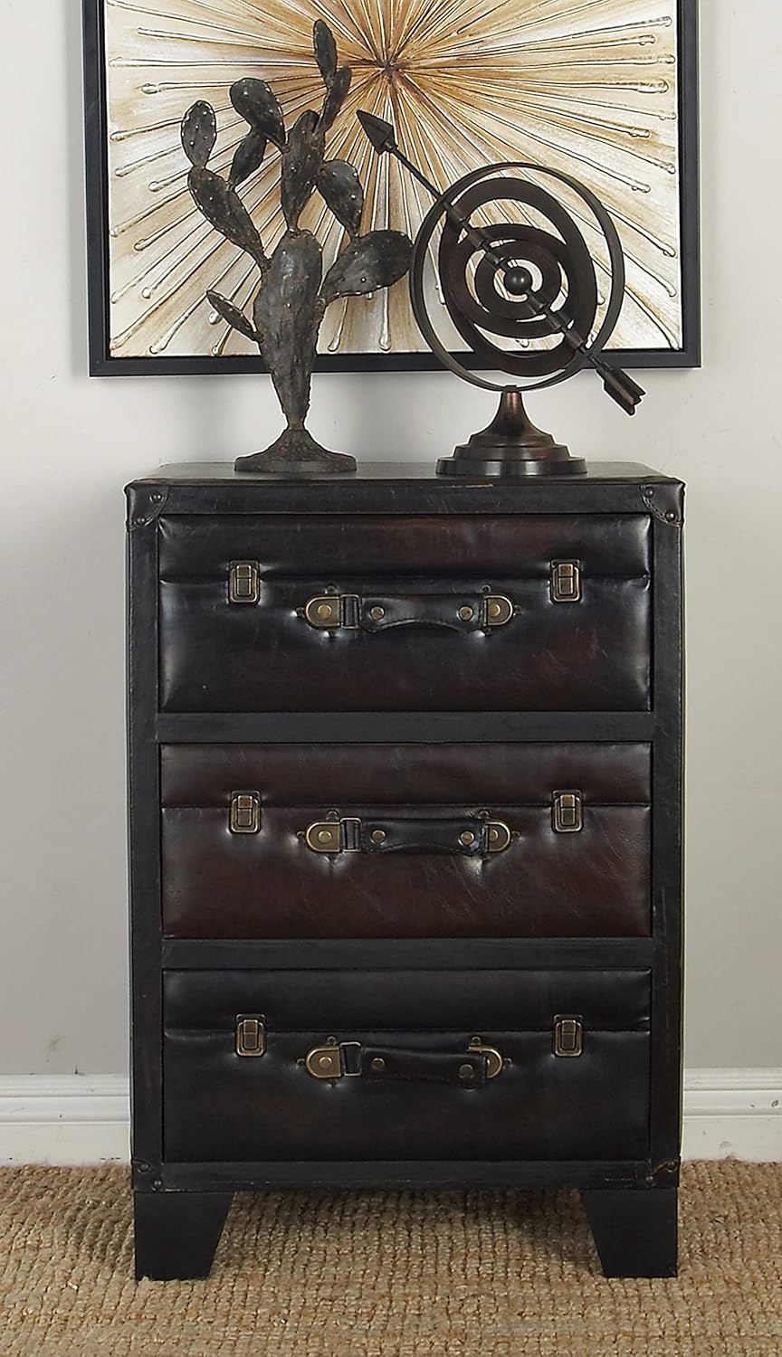 Deco 79 Faux Leather Room Cabinet Vintage Faux Leather Storage Cabinet with Buckles and Straps Detailing, Accent Cabinet 19" x 14" x 28", Dark Brown