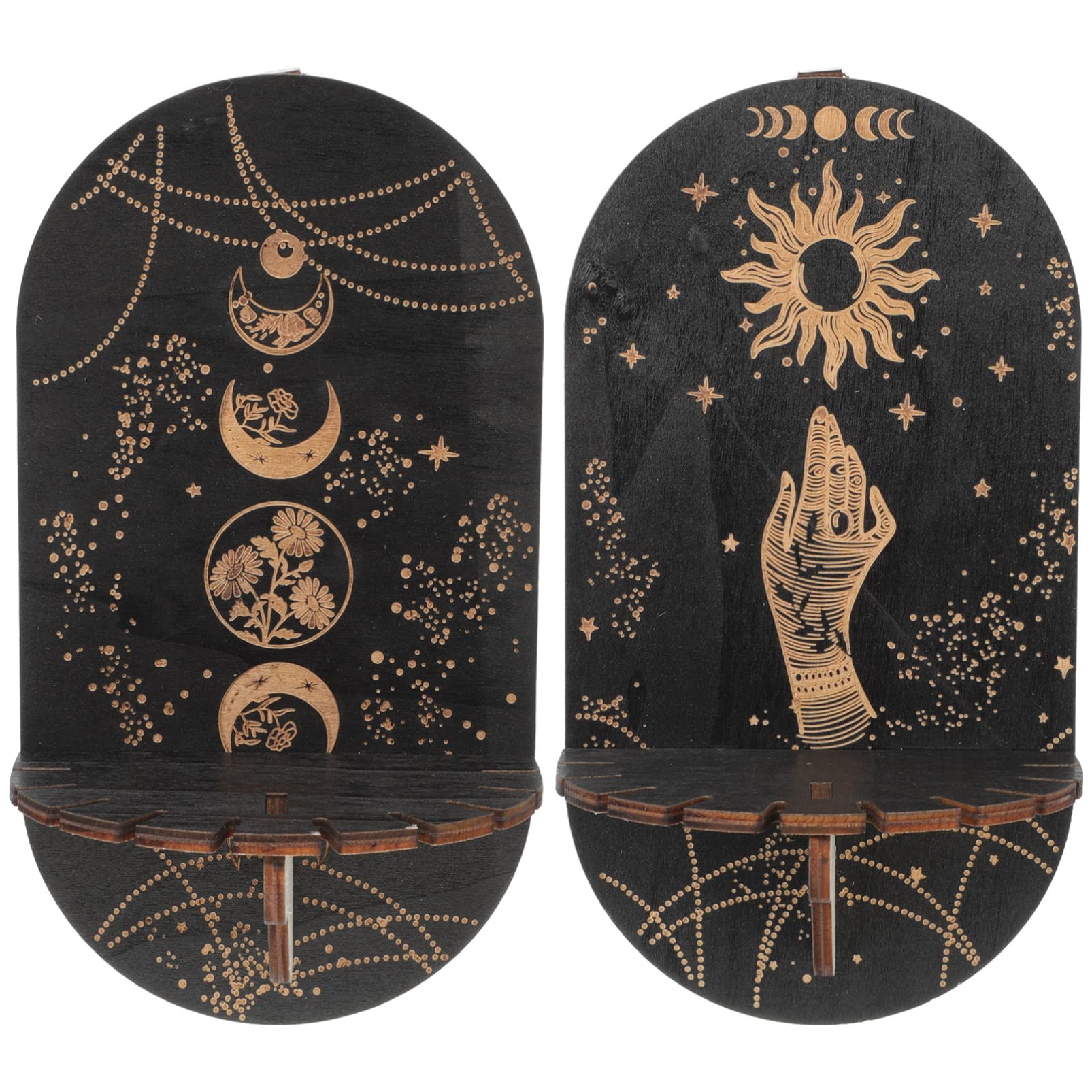 2PCS Small Crystal Shelf Black Crystal Display Shelf Butterfly Hand Sun Pattern Pendulum Board Witch Stuff Wooden Kit Crystal Hanging Rustic Crystal Holder Stand