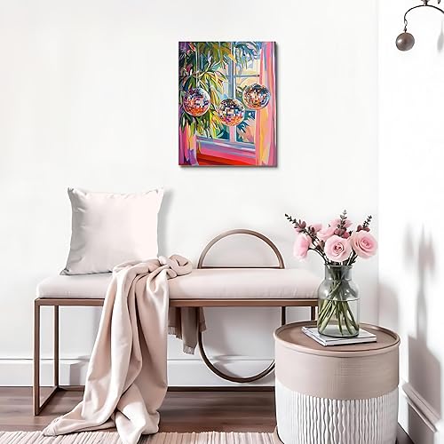 Miniatura 4 de JWVK Lienzo decorativo para pared, diseño de bola de discoteca retro de los años 70, decoración ecléctica del hogar, plantas tropicales vibrantes y
