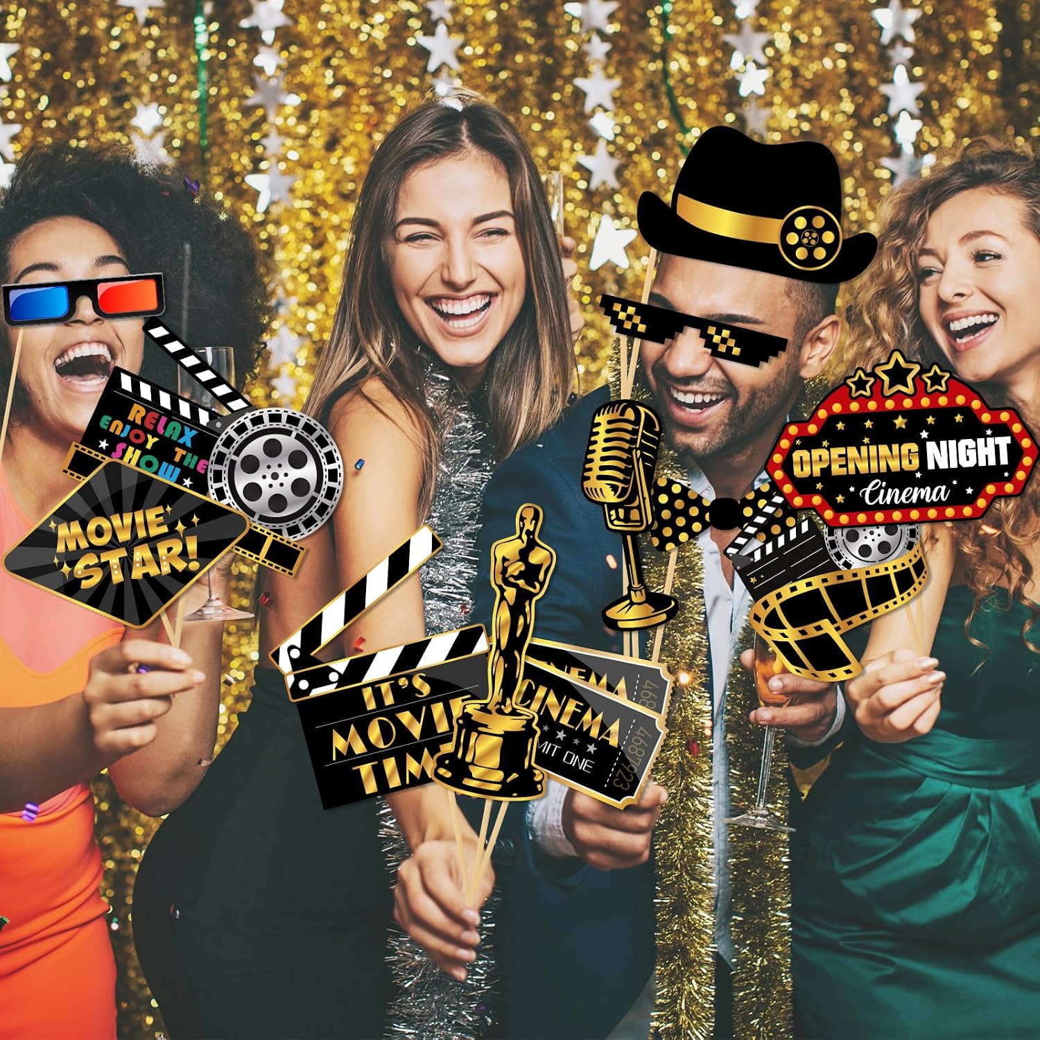 32Pcs Hollywood Photo Booth Props Kit, Movie Night Theater Red Carpet Cutouts Launch Oscars Cards Table Toppers Birthday Party Favors Supplies Large Size