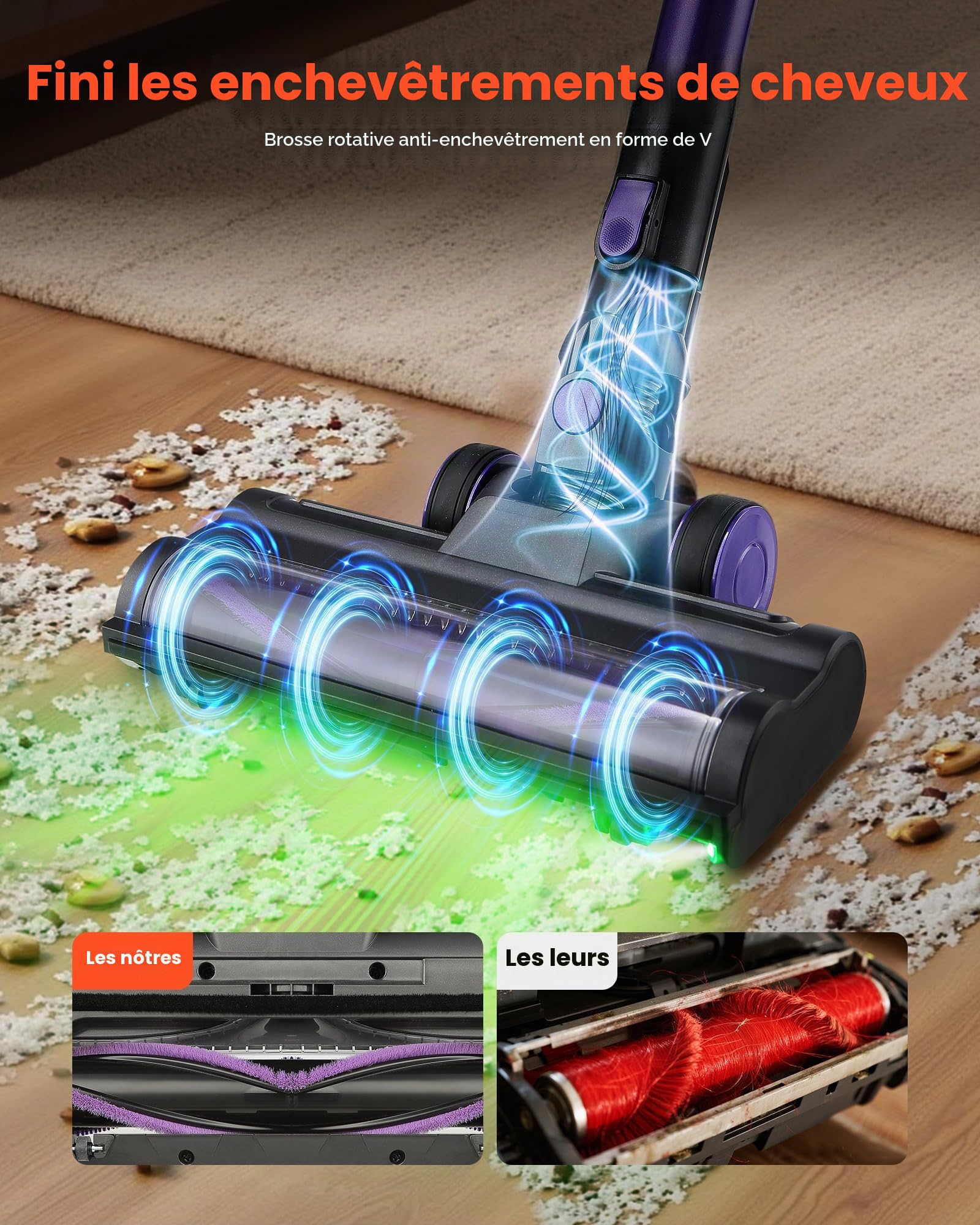 VEVOR Aspirateur Balai sans Fil à Aspiration Puissante 25 kPa, Aspirateur Laveur Rechargeable Anti-enchevêtrement avec Bac à Poussière, Léger avec Autonomie de 35 Minutes, pour Tapis Poils Sols Durs